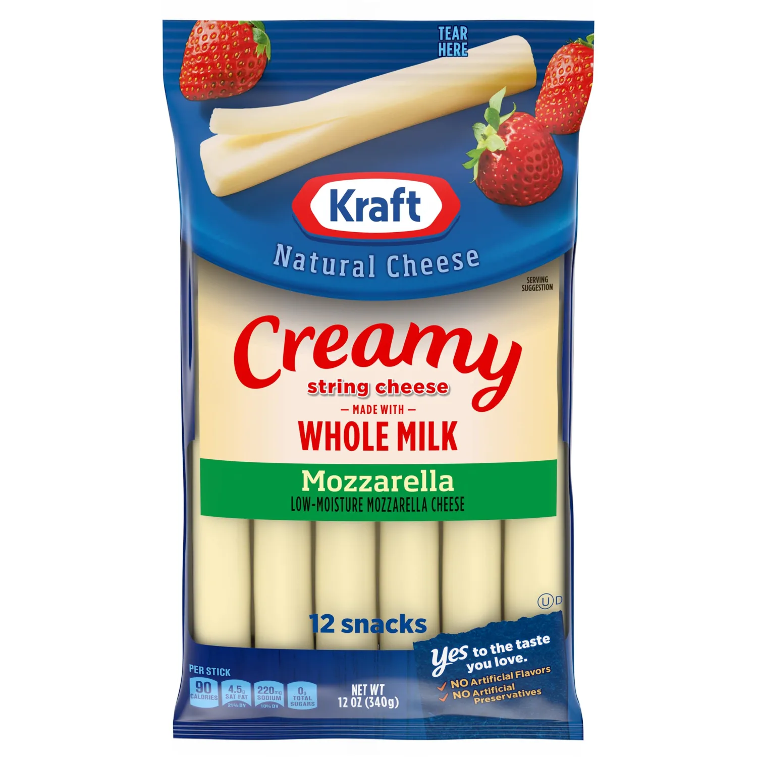 Kraft Creamy String Cheese Mozzarella Cheese Snacks with Whole Milk (12 ct Sticks)