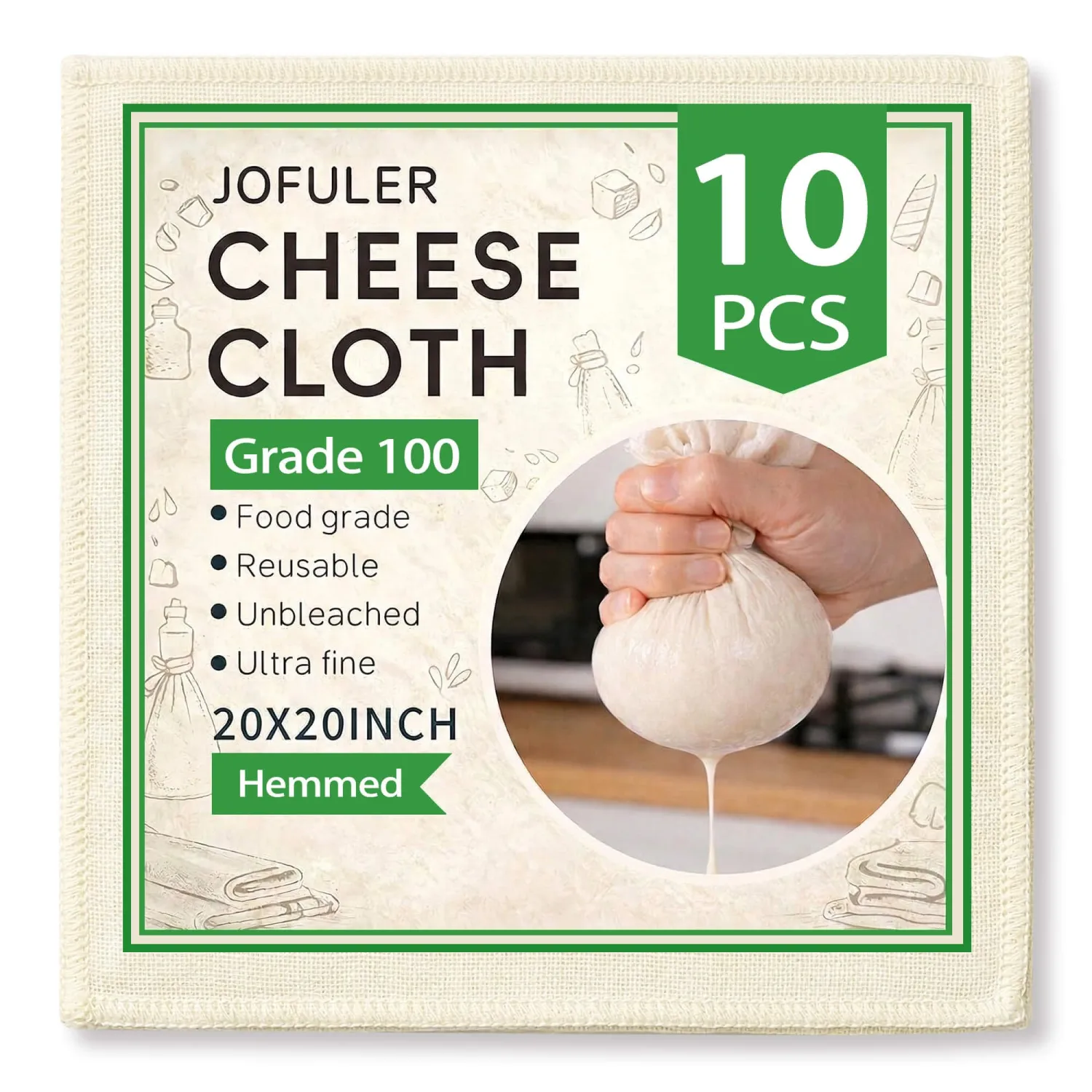 10 Pcs Unbleached Cheese Cloths, 20x20 Inch | Grade 100 Hemmed CheeseCloth for Cooking, Reusable Cotton Strainer for Juicing, Baking, Cheese and Yogurt Making