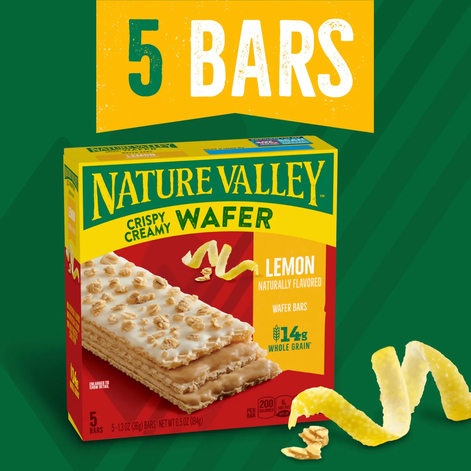 Nature Valley Creamy Wafer Bars, Lemon, 5 ct, 6.5 oz | Crispy Whole Grain Wafers, Lemon Filling, Granola Topping, 14g Whole Grain per Serving, No Artificial Flavors or Colors