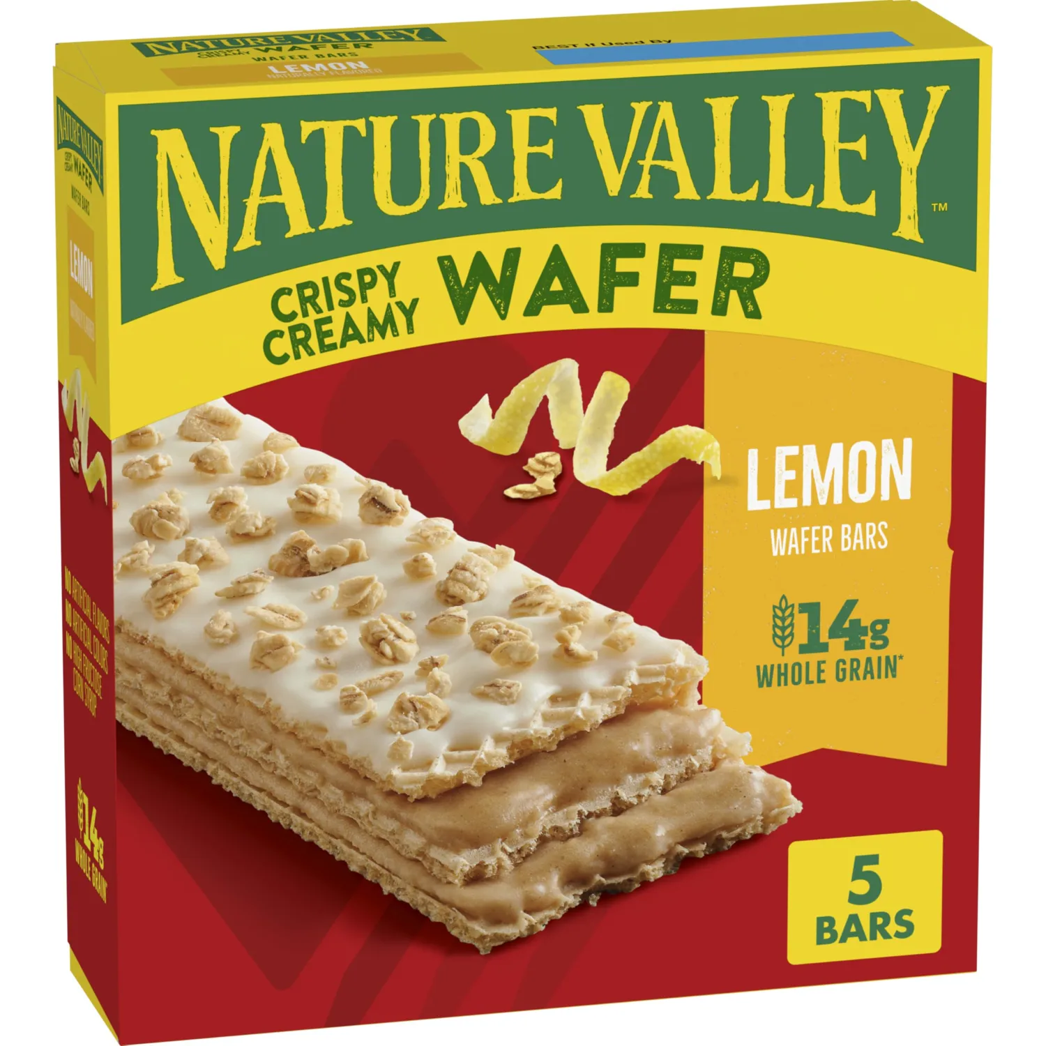 Nature Valley Creamy Wafer Bars, Lemon, 5 ct, 6.5 oz | Crispy Whole Grain Wafers, Lemon Filling, Granola Topping, 14g Whole Grain per Serving, No Artificial Flavors or Colors
