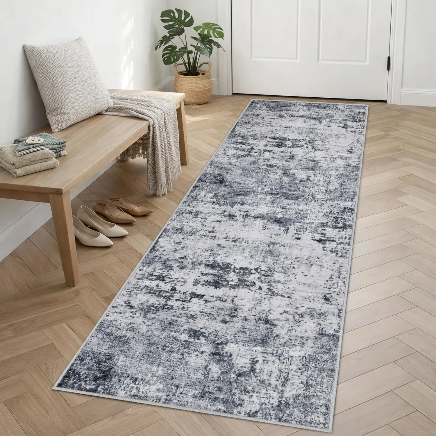 2.6x8 Washable Runner Rug：Modern Abstract Kitchen Soft Carpet Grey | For Hallway, Bedroom, Kitchen, Laundry, Bathroom,Door Mat,Modern Abstract,Machine washable,Non-Slip,Stain Resistant,Indoor