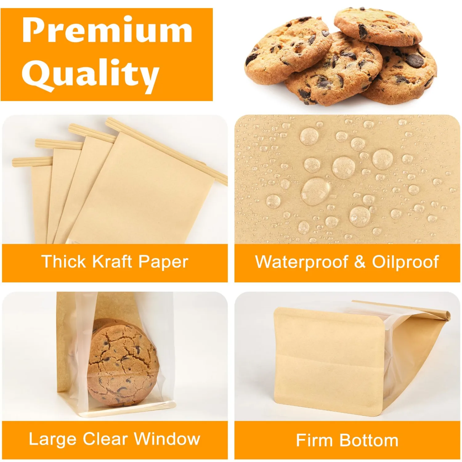 Ohuimrt Small Bakery Bags with Windows, 50 PCS, 3.9 x 3.5 x 9.5 Inch | Tin Tie Tab Lock, Paper Cookie Bags, Bake Sale Packaging For Muffin, Dessert, Brownie, Treat, Pastry, Popcorn, Candy