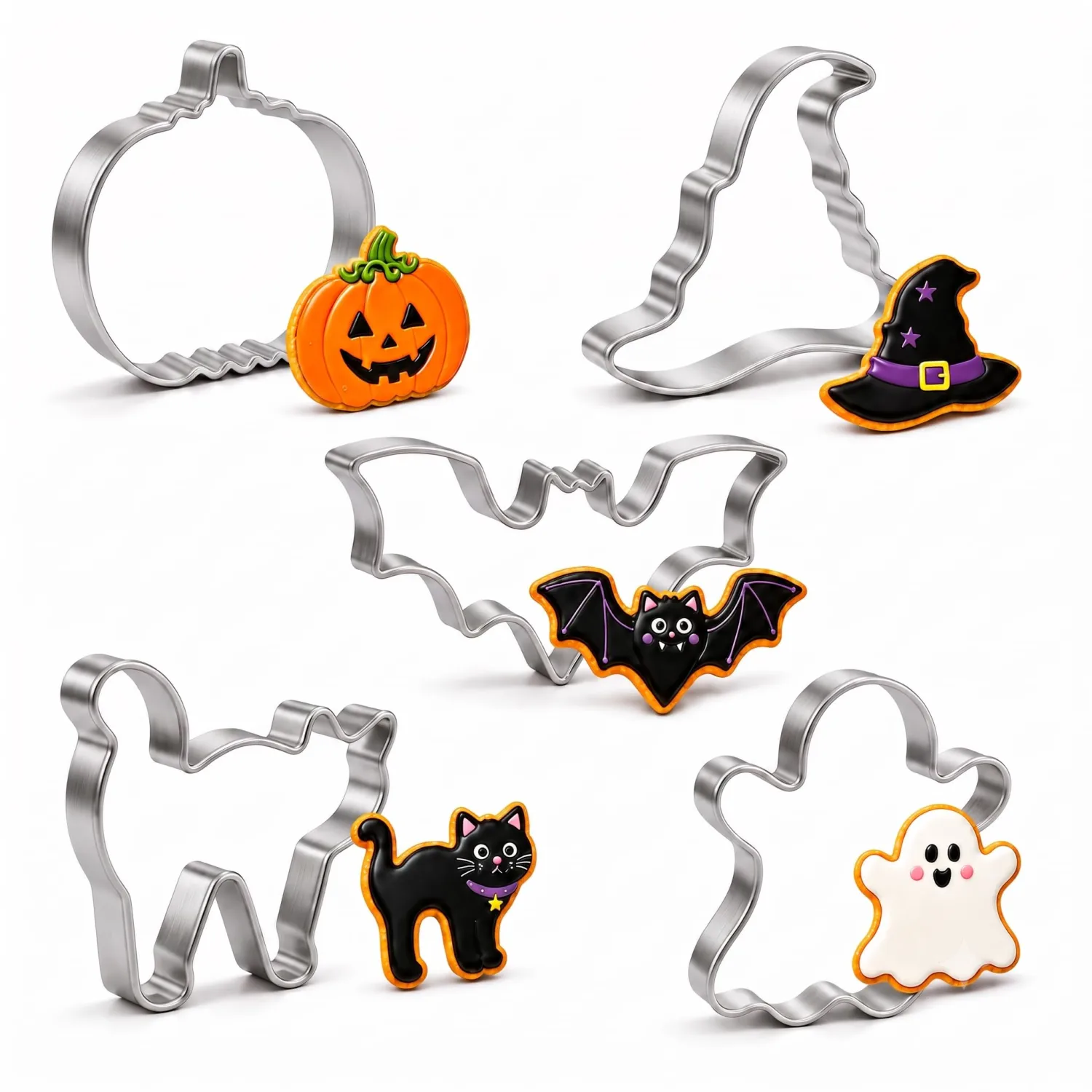Halloween Cookie Cutters, Stainless Steel 5-Piece Pumpkin Bat Ghost Set | Smooth metal edges for neat pumpkin, bat, ghost, cat and witch hat shapes in dough and fondant