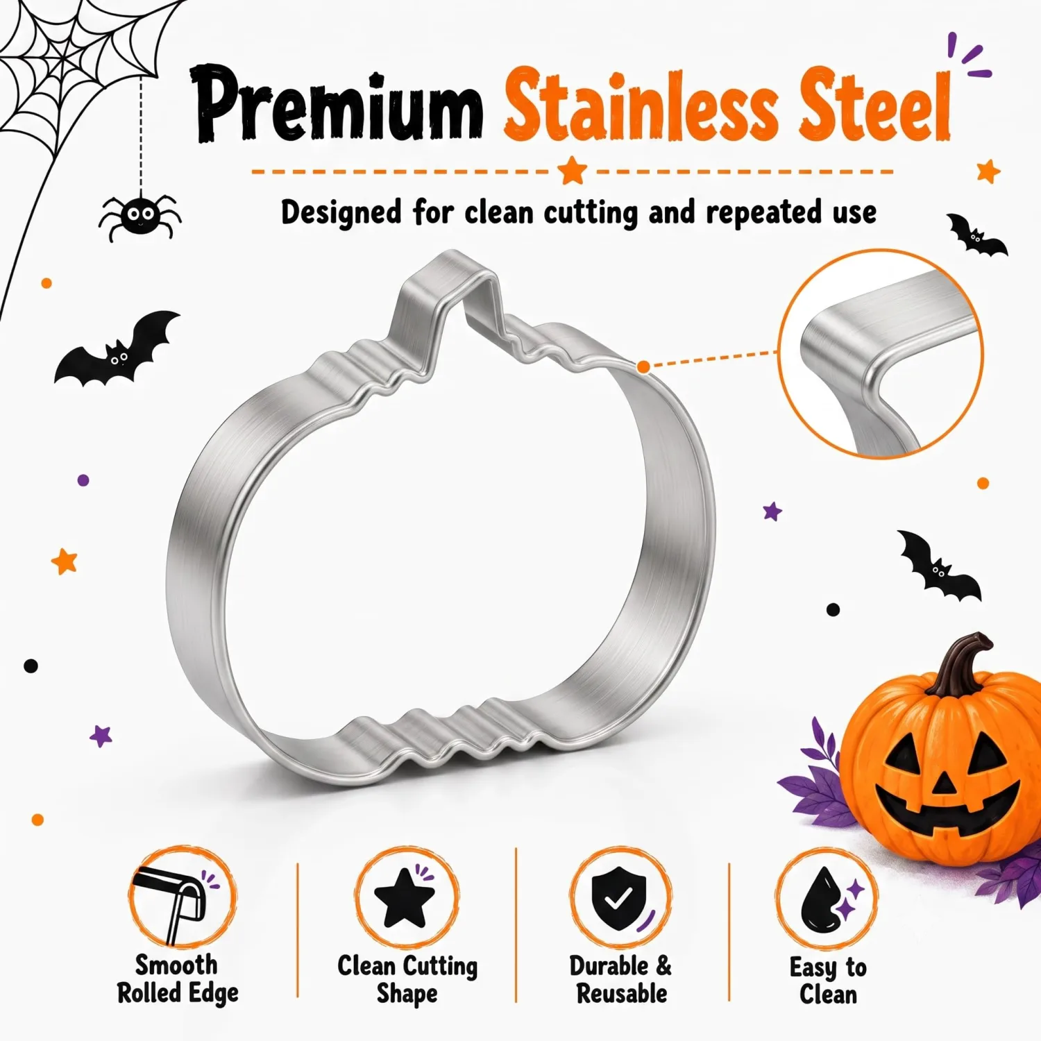 Halloween Cookie Cutters, Stainless Steel 5-Piece Pumpkin Bat Ghost Set | Smooth metal edges for neat pumpkin, bat, ghost, cat and witch hat shapes in dough and fondant