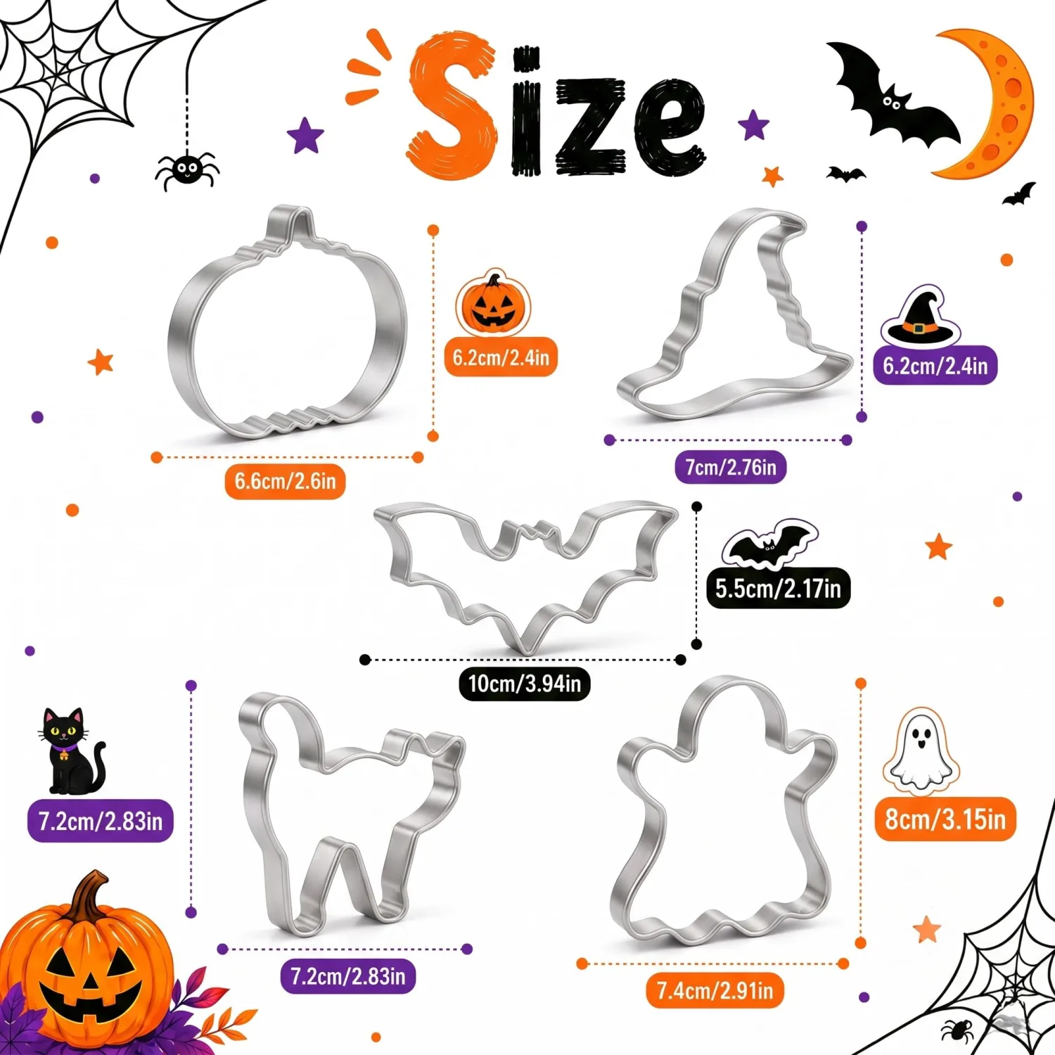 Halloween Cookie Cutters, Stainless Steel 5-Piece Pumpkin Bat Ghost Set | Smooth metal edges for neat pumpkin, bat, ghost, cat and witch hat shapes in dough and fondant