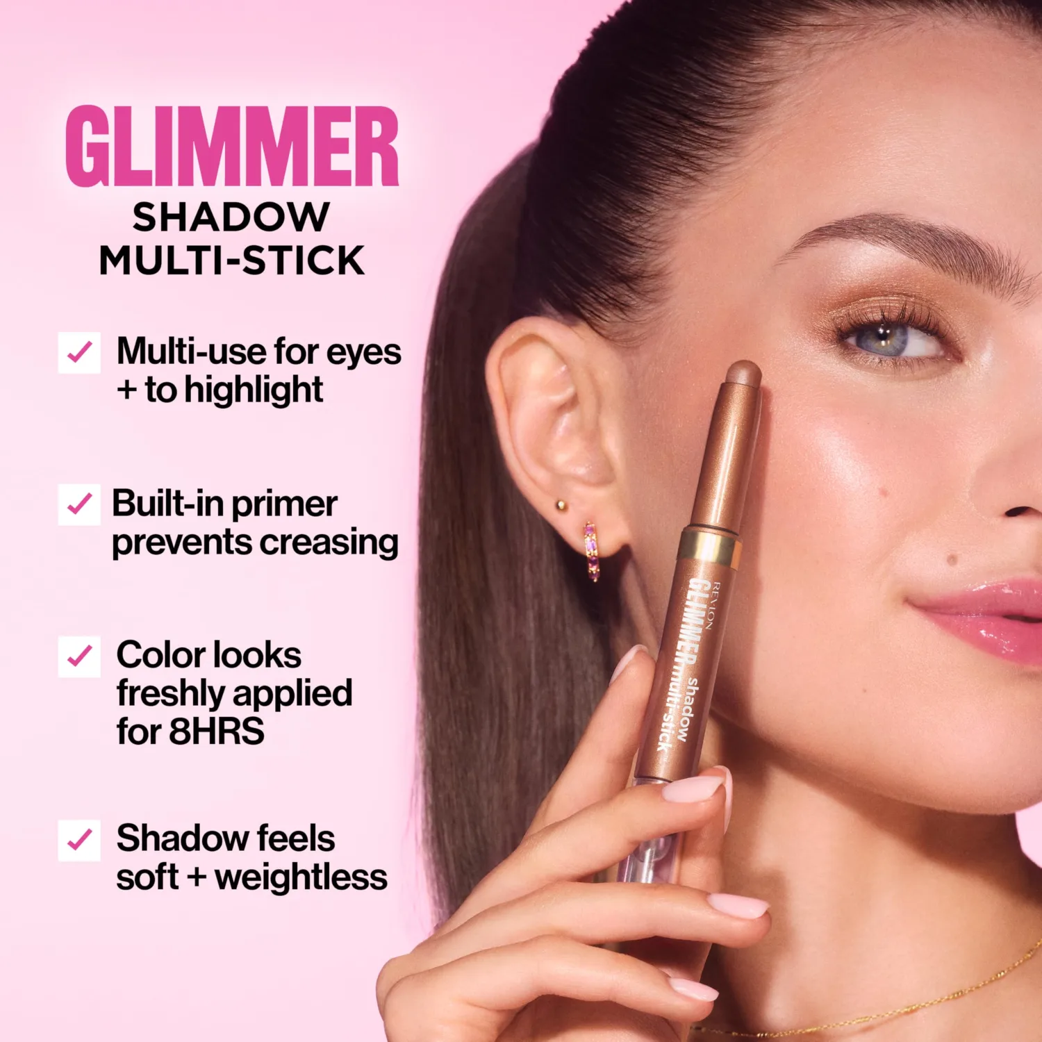 REVLON Glimmer Shadow Multi-Stick, Eyeshadow,101 Tini Time | Multi-use shadow delivers all-day, fade-resistant color. Crease-proof, and waterproof. Built-in primer + jelly blender tip.