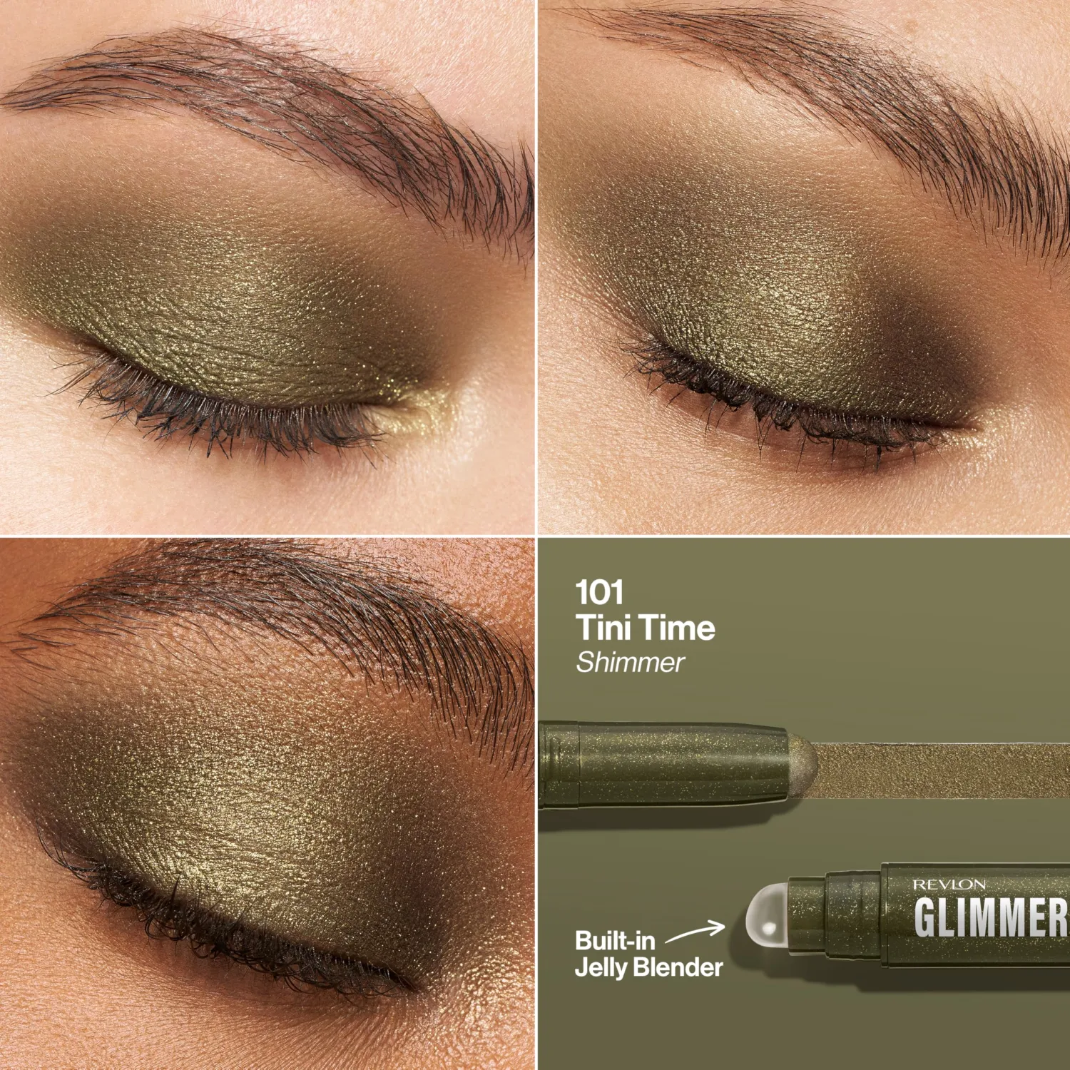 REVLON Glimmer Shadow Multi-Stick, Eyeshadow,101 Tini Time | Multi-use shadow delivers all-day, fade-resistant color. Crease-proof, and waterproof. Built-in primer + jelly blender tip.