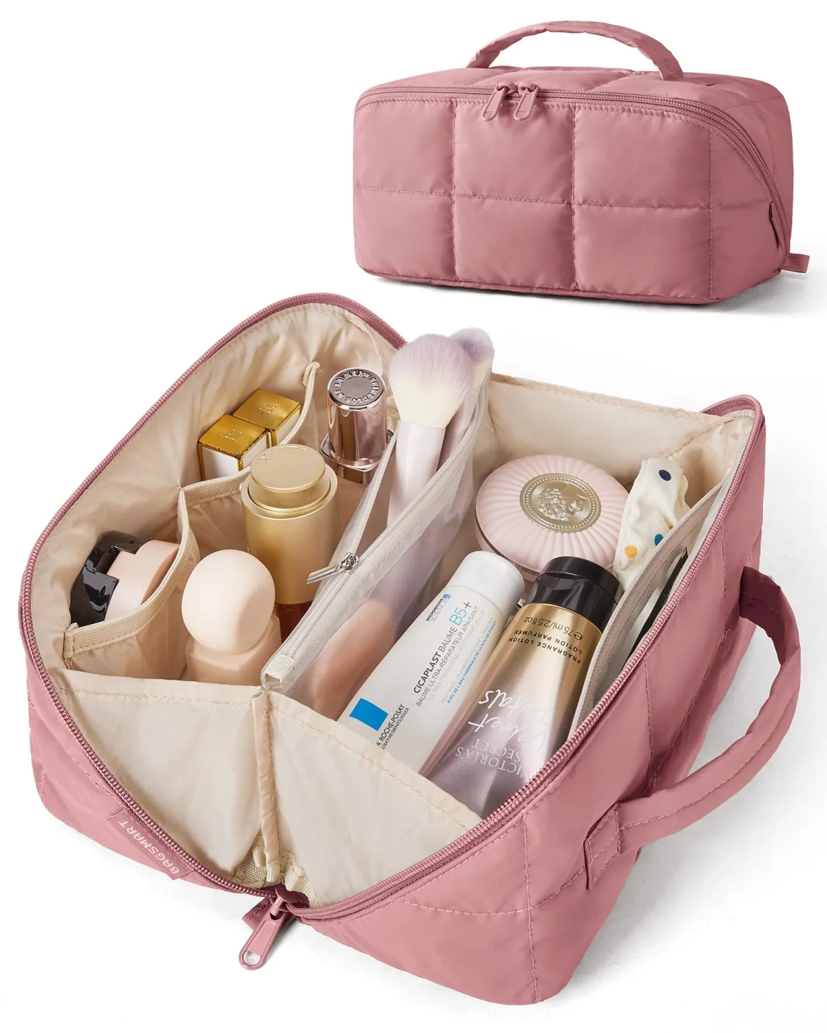 BAGSMART Structured Travel Makeup Bag, Wide Open Toiletry Organizer | 9.84 * 5.12 * 5.12" opens flat to 10.24"W, water-repellent,leak-proof PVC & brush slots, fits full-size makeup, TSA-friendly