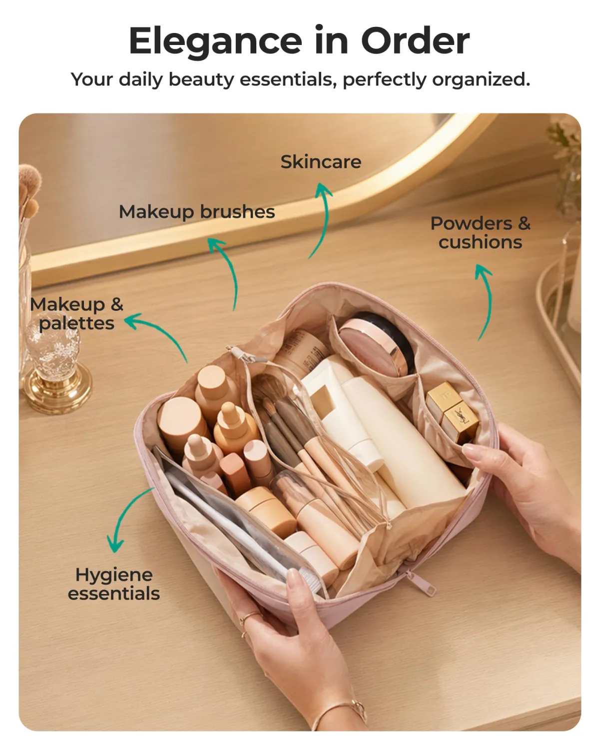BAGSMART Structured Travel Makeup Bag, Wide Open Toiletry Organizer | 9.84 * 5.12 * 5.12" opens flat to 10.24"W, water-repellent,leak-proof PVC & brush slots, fits full-size makeup, TSA-friendly