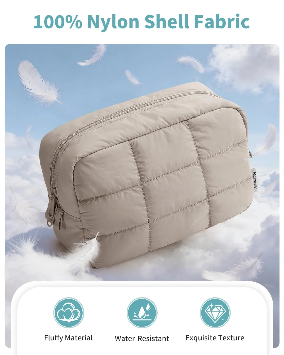 Narwey Puffy Makeup Bag Travel Toiletry Bag, Quilted Cosmetic Bag for Women | Soft Nylon, Cute, Lightweight, Aesthetic, Water-resistent, 3 Organized Pockets, Makeup Pouch Purse, Medicine Bag, Girls Gifts