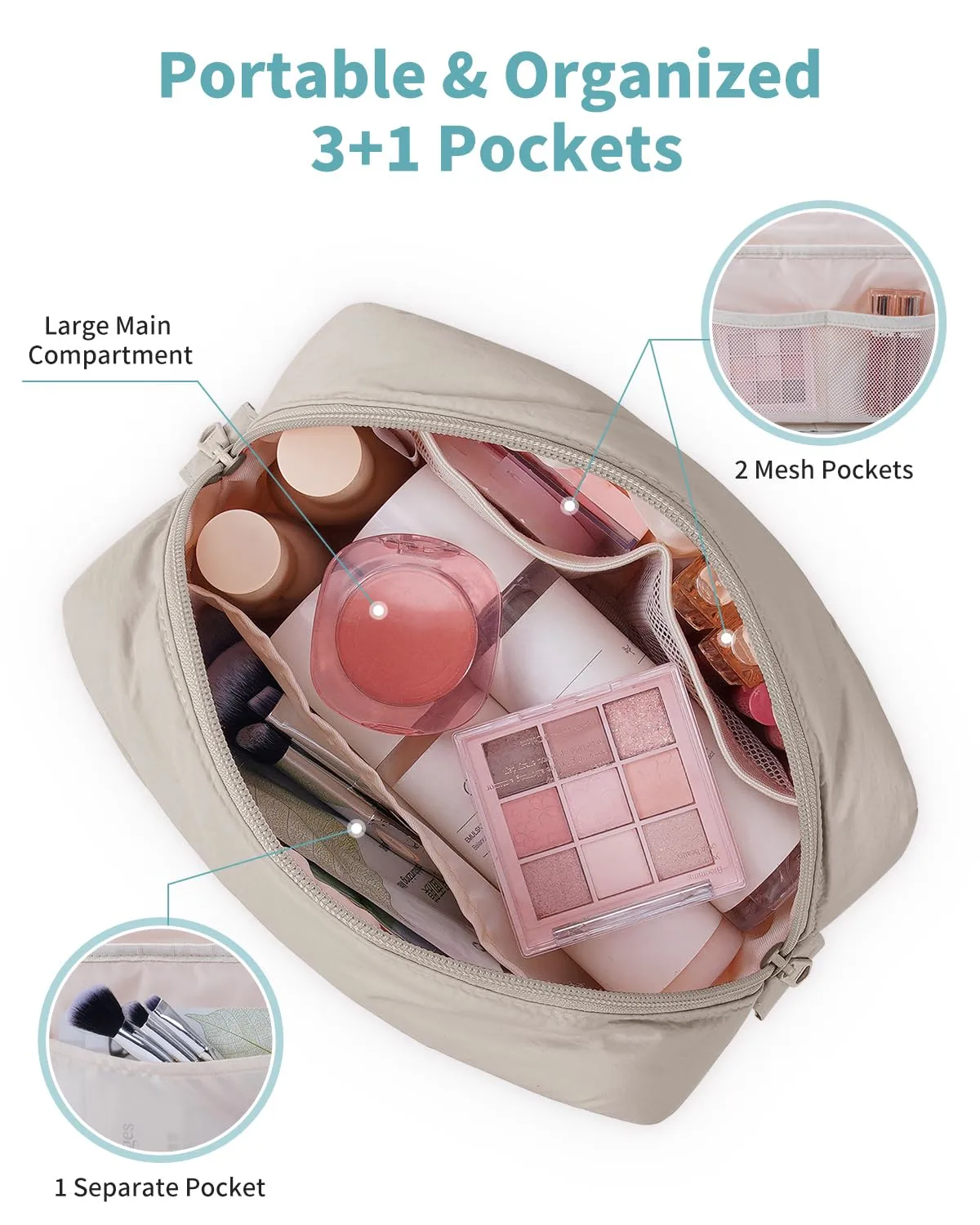 Narwey Puffy Makeup Bag Travel Toiletry Bag, Quilted Cosmetic Bag for Women | Soft Nylon, Cute, Lightweight, Aesthetic, Water-resistent, 3 Organized Pockets, Makeup Pouch Purse, Medicine Bag, Girls Gifts