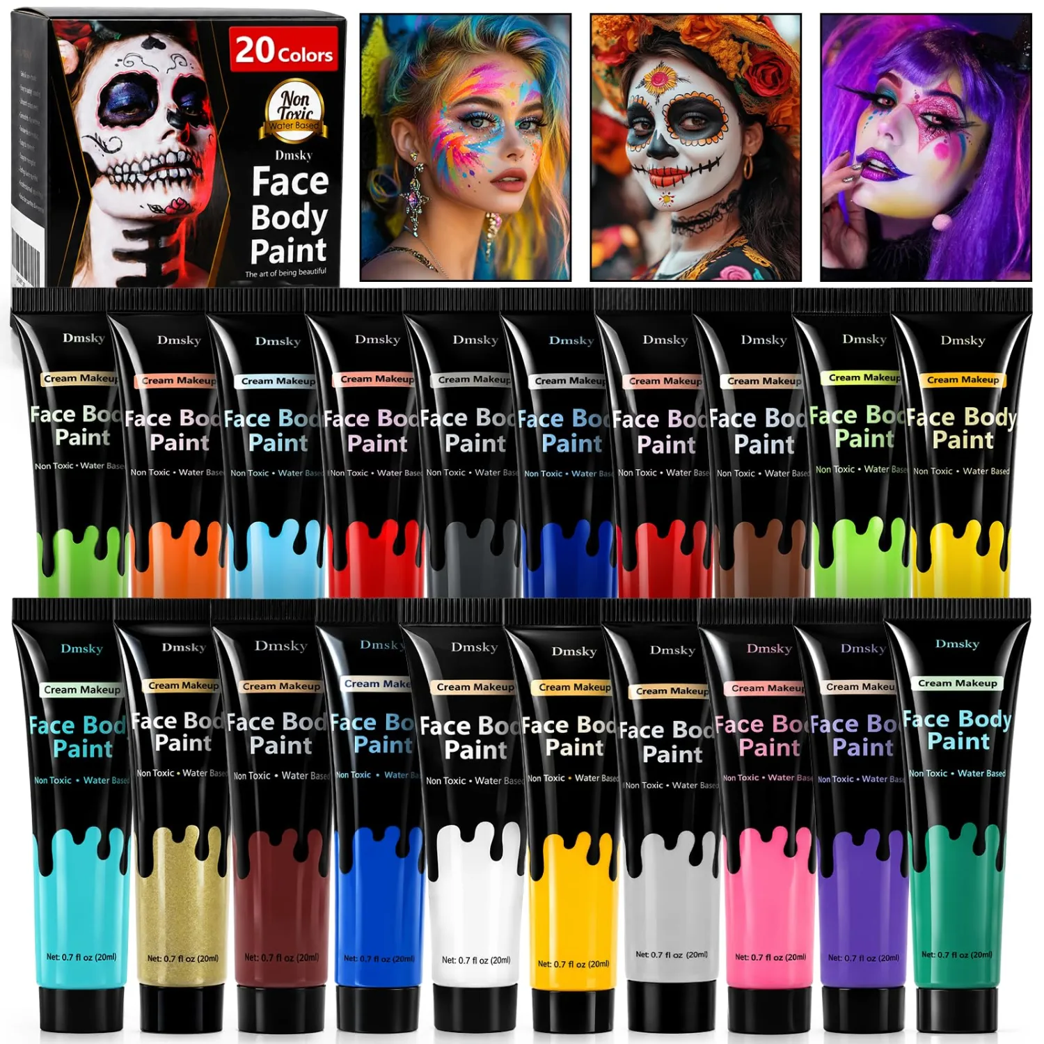 20 Colors Face Body Paint Cream,Water Based Face Paint for Adults,Face Painting kit for Stage Cosplays,Halloween SFX Makeup,0.7 FL OZ Each