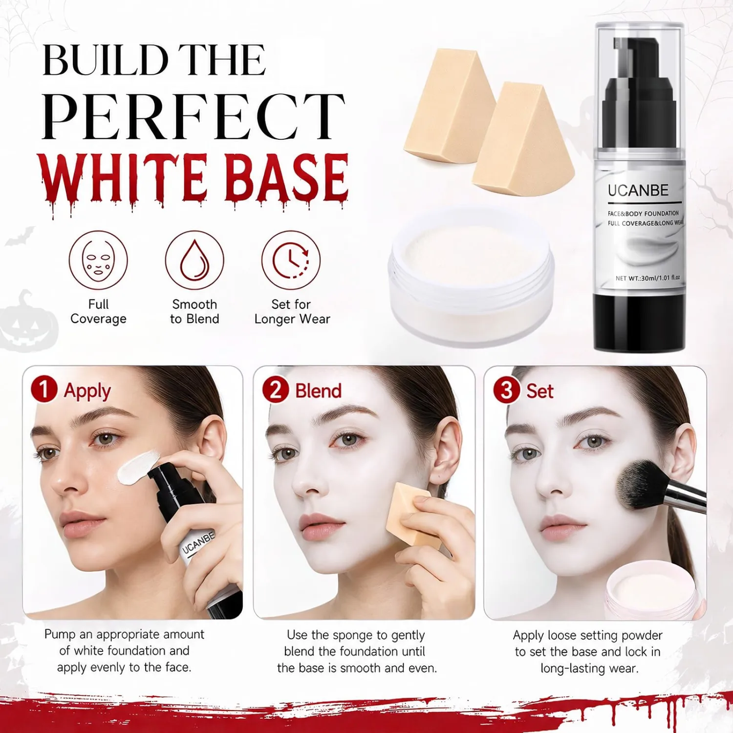 UCANBE Colorful Halloween Makeup Kit – Clown Vampire Witch Zombie Makeup Set for SFX Costume Cosplay with Eyeshadow Palette, White Foundation, Red Lipstick, Black Eyeliner, Setting Powder & Sponges
