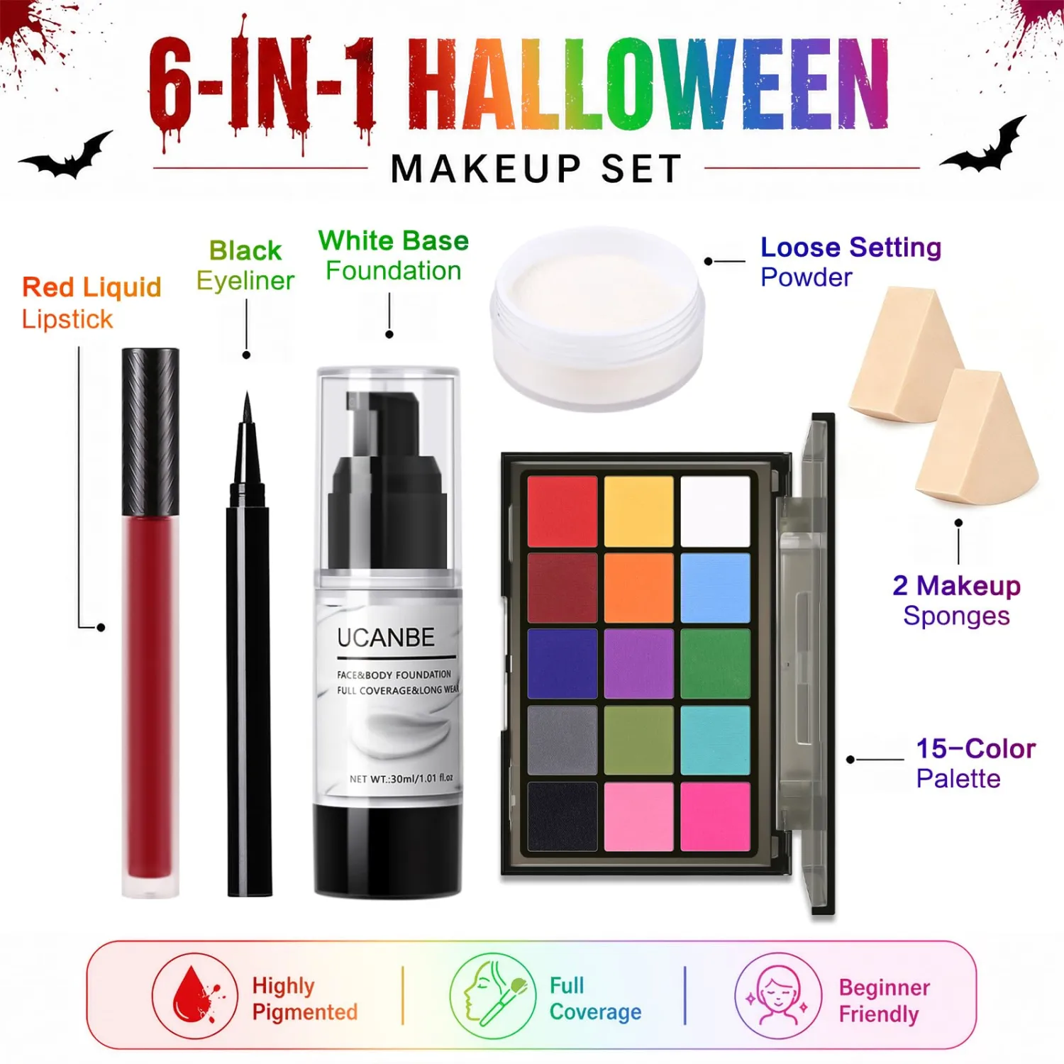 UCANBE Colorful Halloween Makeup Kit – Clown Vampire Witch Zombie Makeup Set for SFX Costume Cosplay with Eyeshadow Palette, White Foundation, Red Lipstick, Black Eyeliner, Setting Powder & Sponges