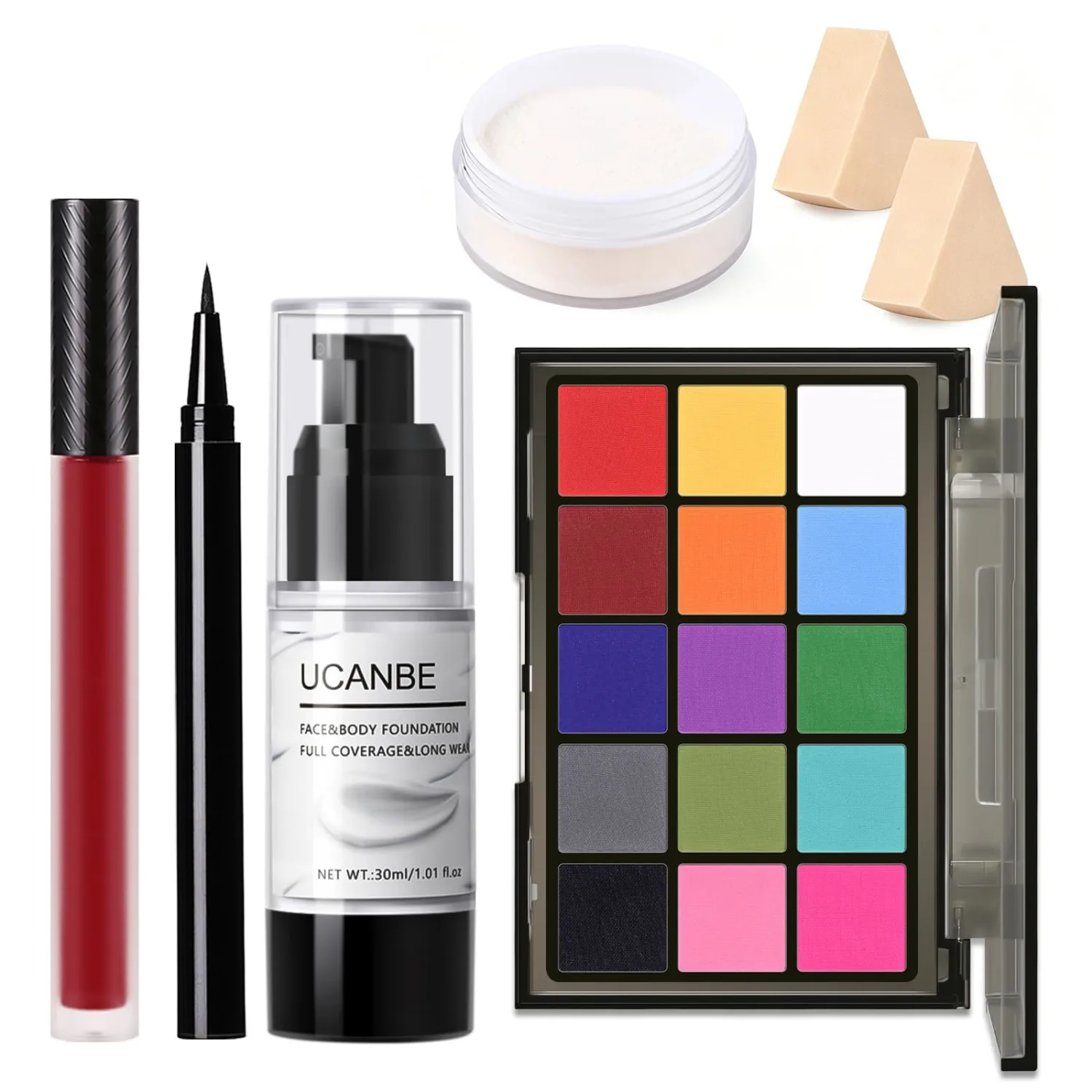 UCANBE Colorful Halloween Makeup Kit – Clown Vampire Witch Zombie Makeup Set for SFX Costume Cosplay with Eyeshadow Palette, White Foundation, Red Lipstick, Black Eyeliner, Setting Powder & Sponges