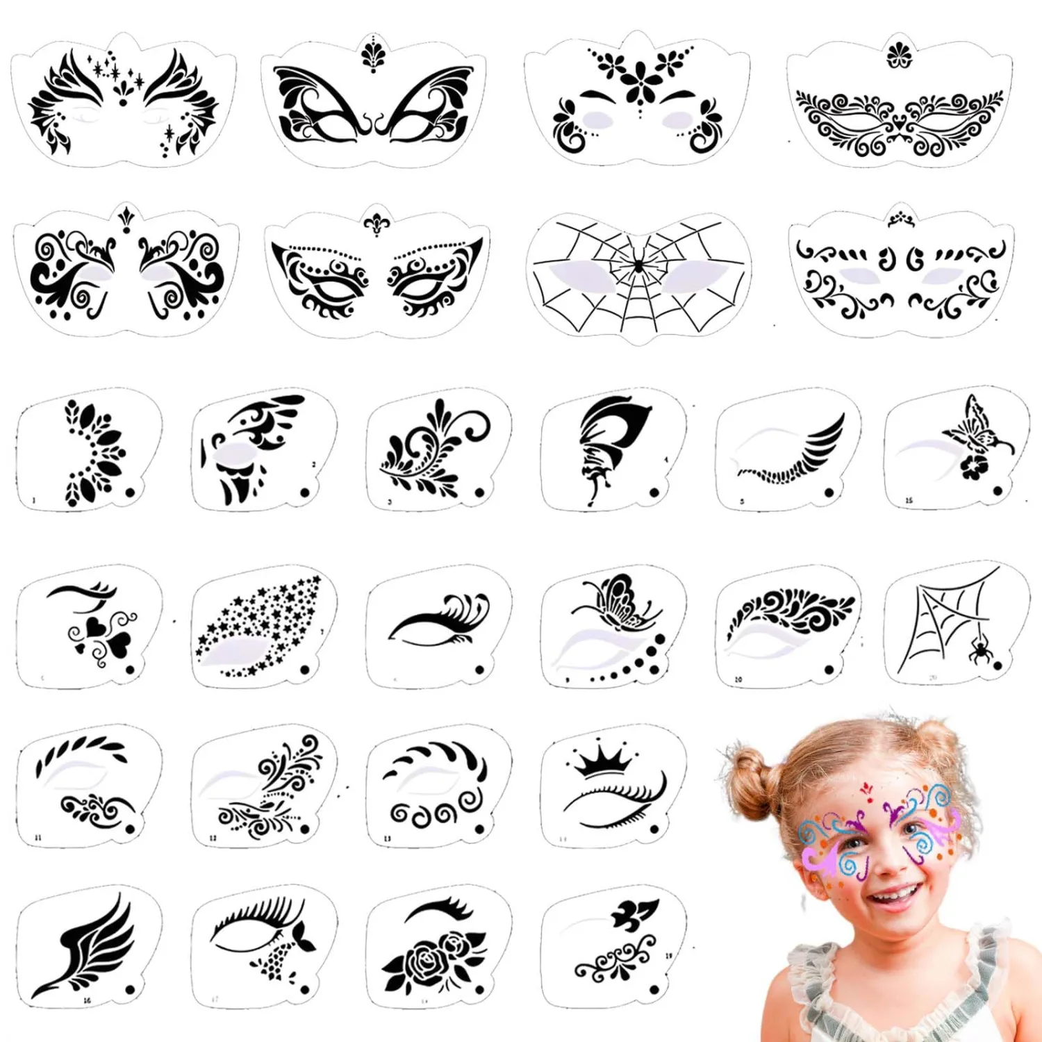 28 pcs Face Paint Stencils Kits Face Painting Stencils Reusable | Reusable Face Tattoo Painting Templates for Kids