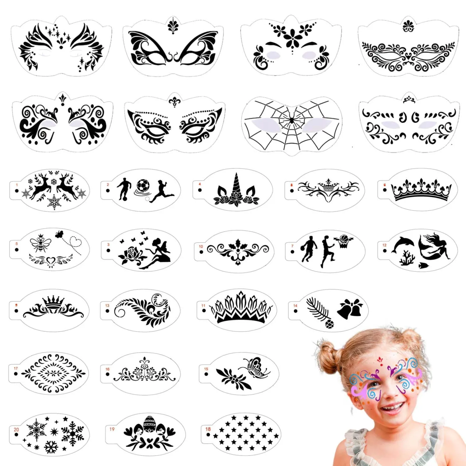 28 Pcs Face Paint Stencils Kits Face Painting Stencils Reusable | Reusable Face Tattoo Painting Templates for Kids