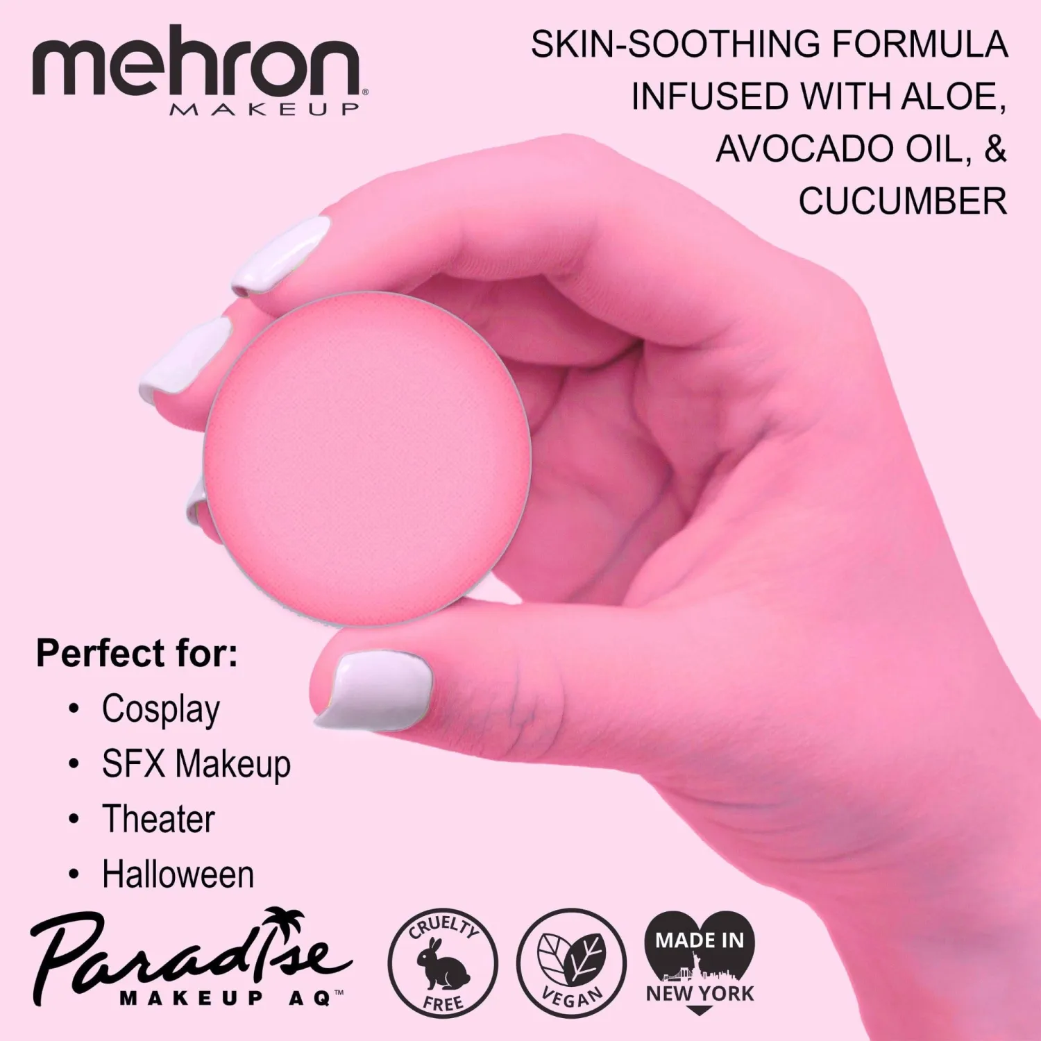 Mehron Makeup Paradise AQ - PASTEL PINK, Water-Activated Face & Body Paint | .25 oz Professional Face & Body Paint Makeup for Cosplay, Theater, & Halloween. Vegan, Cruelty-Free, & Made in USA.