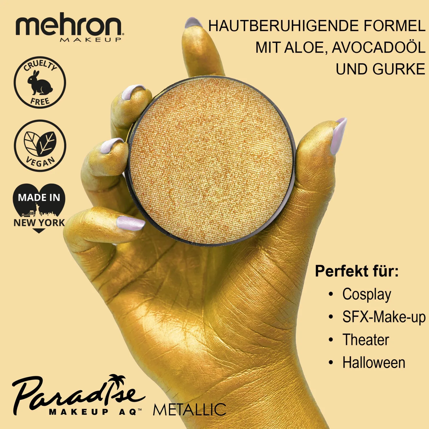 Mehron Makeup Paradise FX - METALLIC GOLD, Water-Activated Face Paint | 1.4 oz Professional Metallic Finish Face & Body Makeup for Cosplay, Theater, & Halloween. Vegan, Cruelty-Free, & Made in USA.