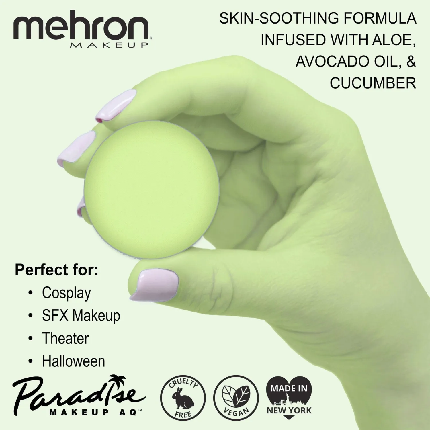 Mehron Makeup Paradise AQ - PASTEL GREEN, Water-Activated Face & Body Paint | .25 oz Professional Face & Body Paint Makeup for Cosplay, Theater, & Halloween. Vegan, Cruelty-Free, & Made in USA.