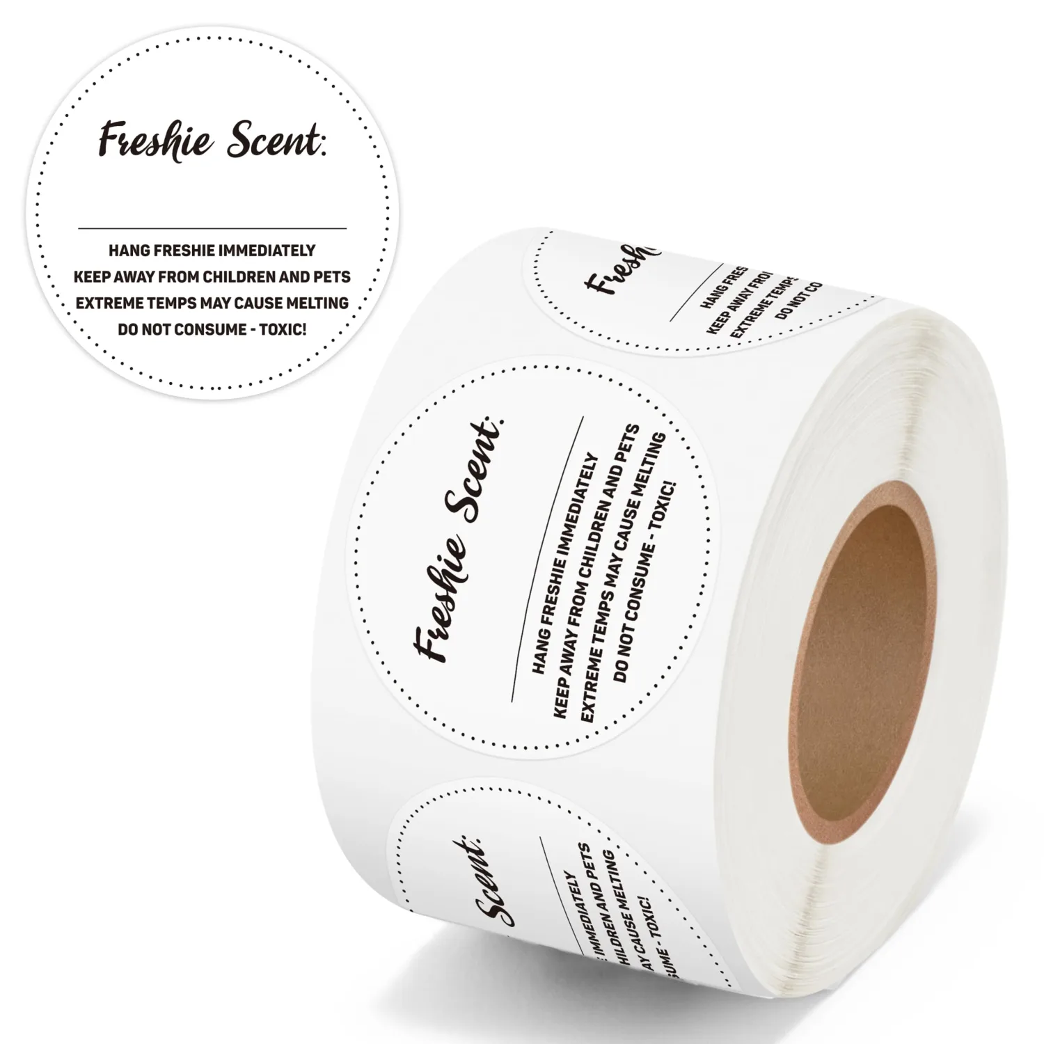 500 Count Freshiess Scent Care Instruction Stickers (White) | Car Freshie Warning Label, with Line to Write in Scent, Round Adhesive Roll Sticker, for DIY Craft Small Business, 2 x 2 Inch