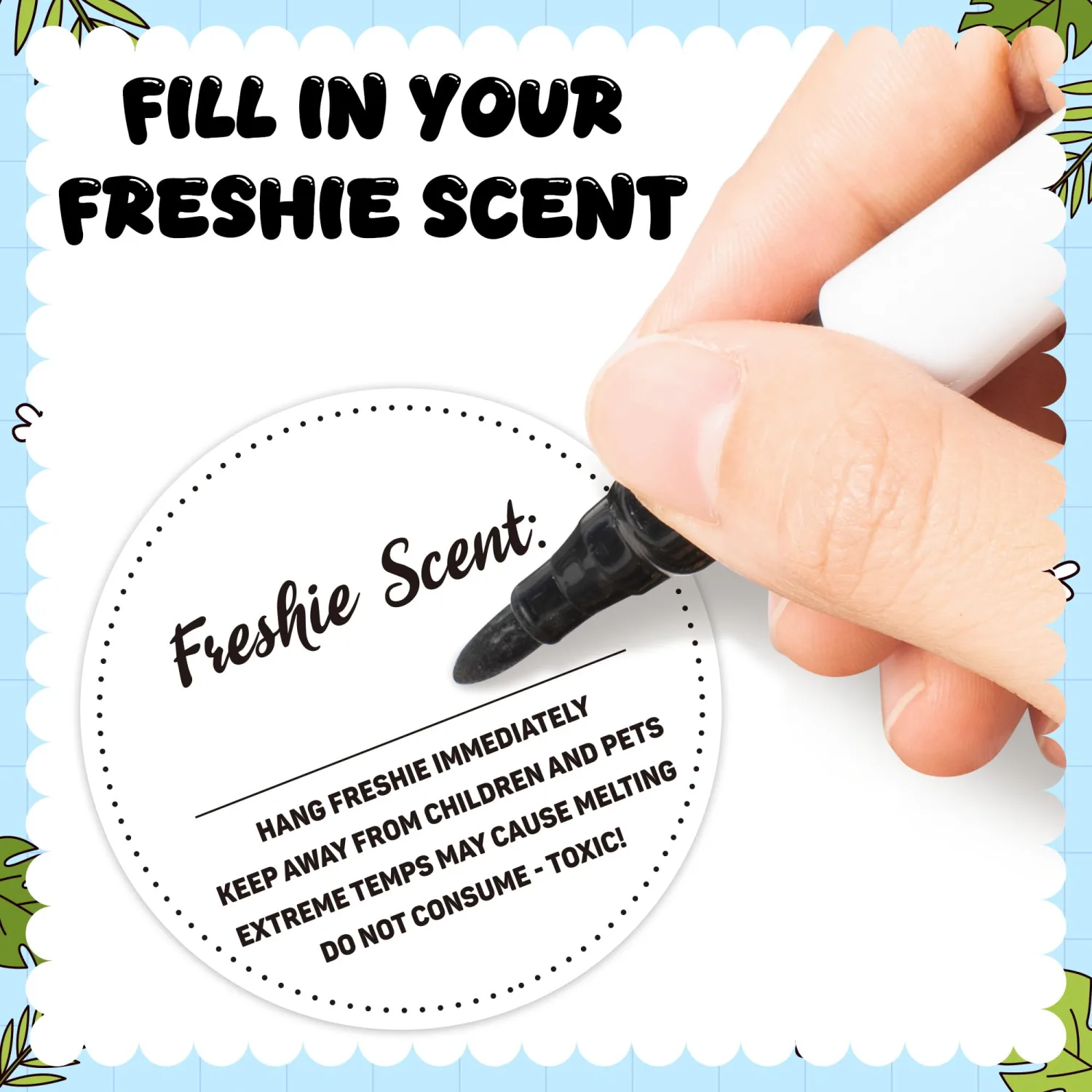 500 Count Freshiess Scent Care Instruction Stickers (White) | Car Freshie Warning Label, with Line to Write in Scent, Round Adhesive Roll Sticker, for DIY Craft Small Business, 2 x 2 Inch