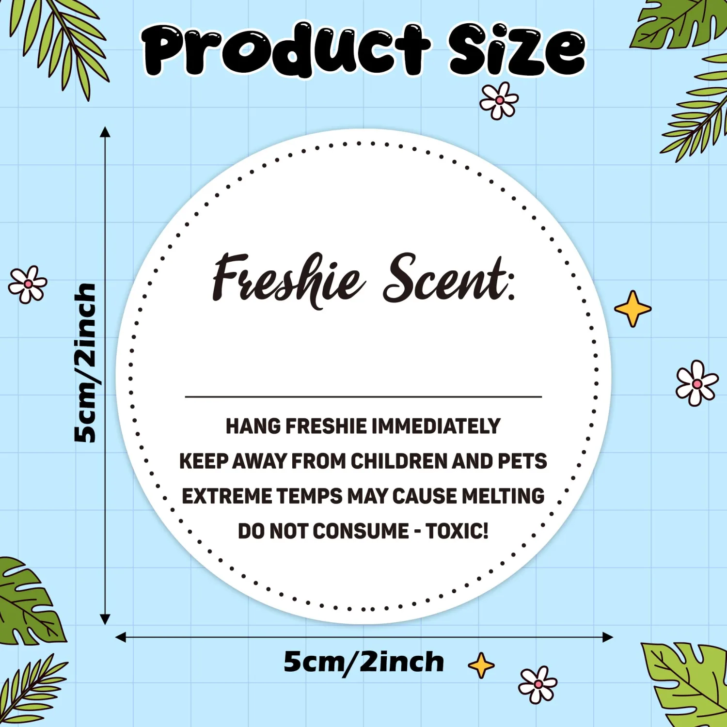 500 Count Freshiess Scent Care Instruction Stickers (White) | Car Freshie Warning Label, with Line to Write in Scent, Round Adhesive Roll Sticker, for DIY Craft Small Business, 2 x 2 Inch
