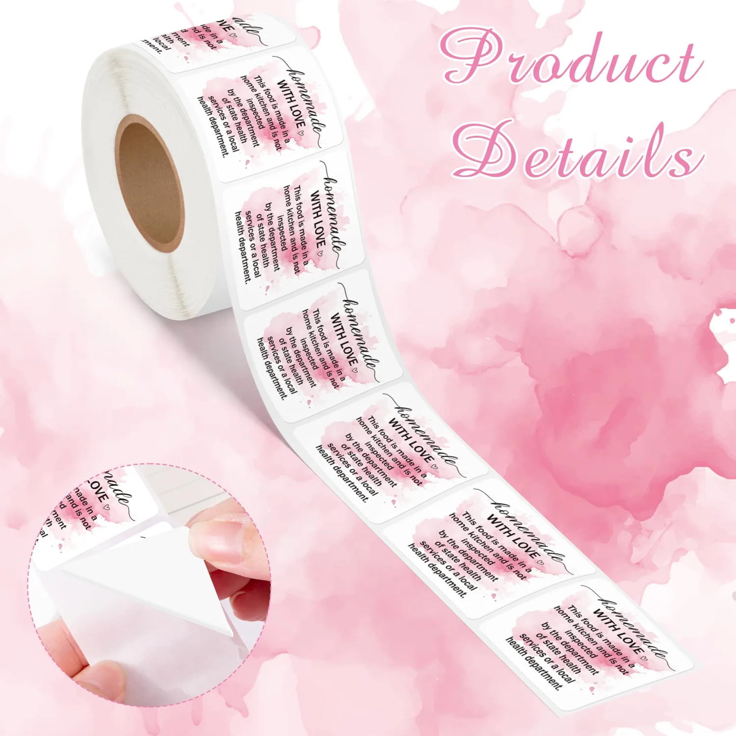 500 Count Pink Watercolor Cottage Food Law Labels Sticker | Homemade with Love, Adhesive Square Decal Roll, Made in A Home Kitchen Inspection Statement, for Food Packaging, 2 x 2 Inch