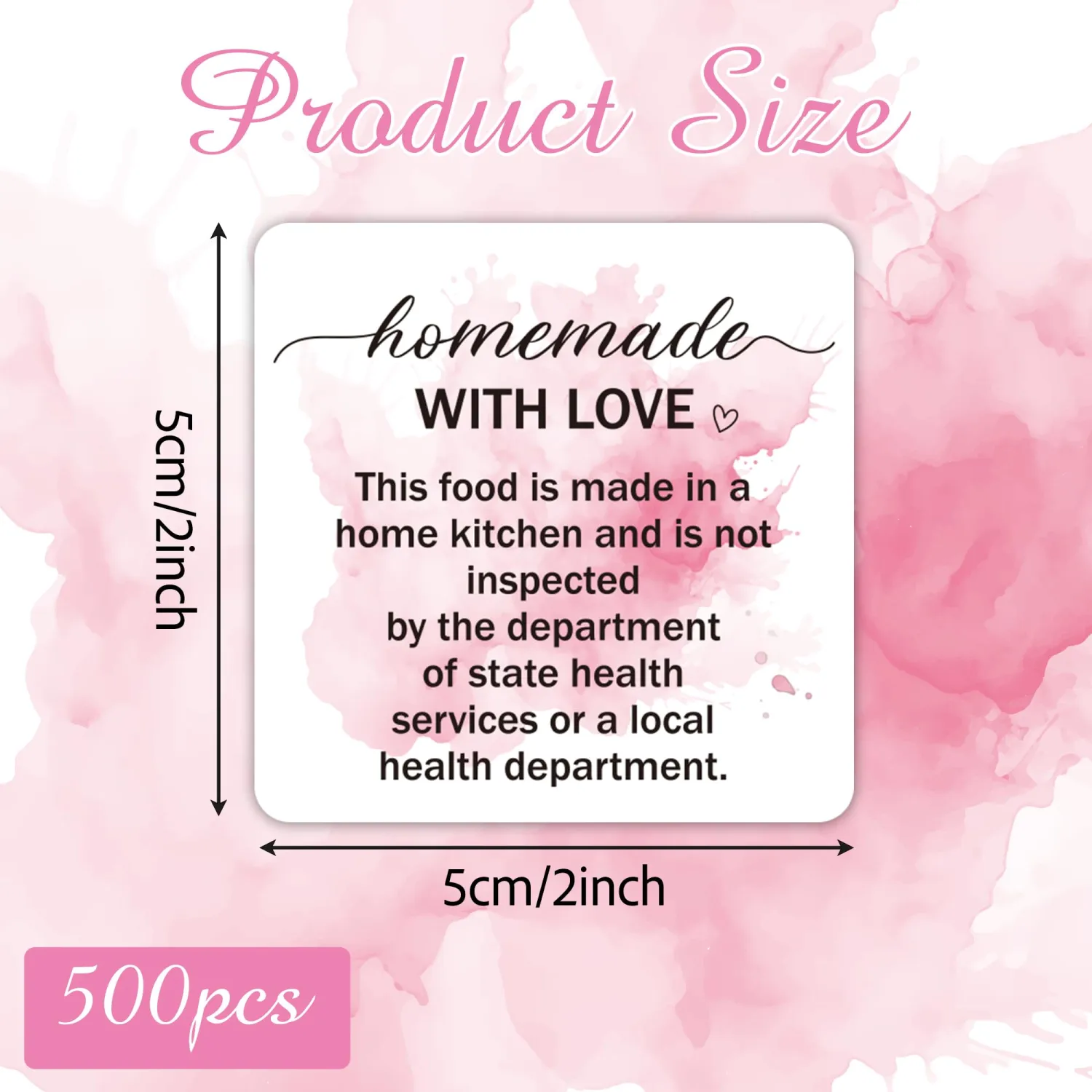 500 Count Pink Watercolor Cottage Food Law Labels Sticker | Homemade with Love, Adhesive Square Decal Roll, Made in A Home Kitchen Inspection Statement, for Food Packaging, 2 x 2 Inch