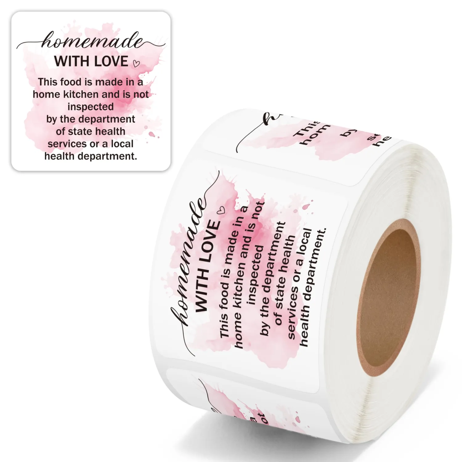 500 Count Pink Watercolor Cottage Food Law Labels Sticker | Homemade with Love, Adhesive Square Decal Roll, Made in A Home Kitchen Inspection Statement, for Food Packaging, 2 x 2 Inch