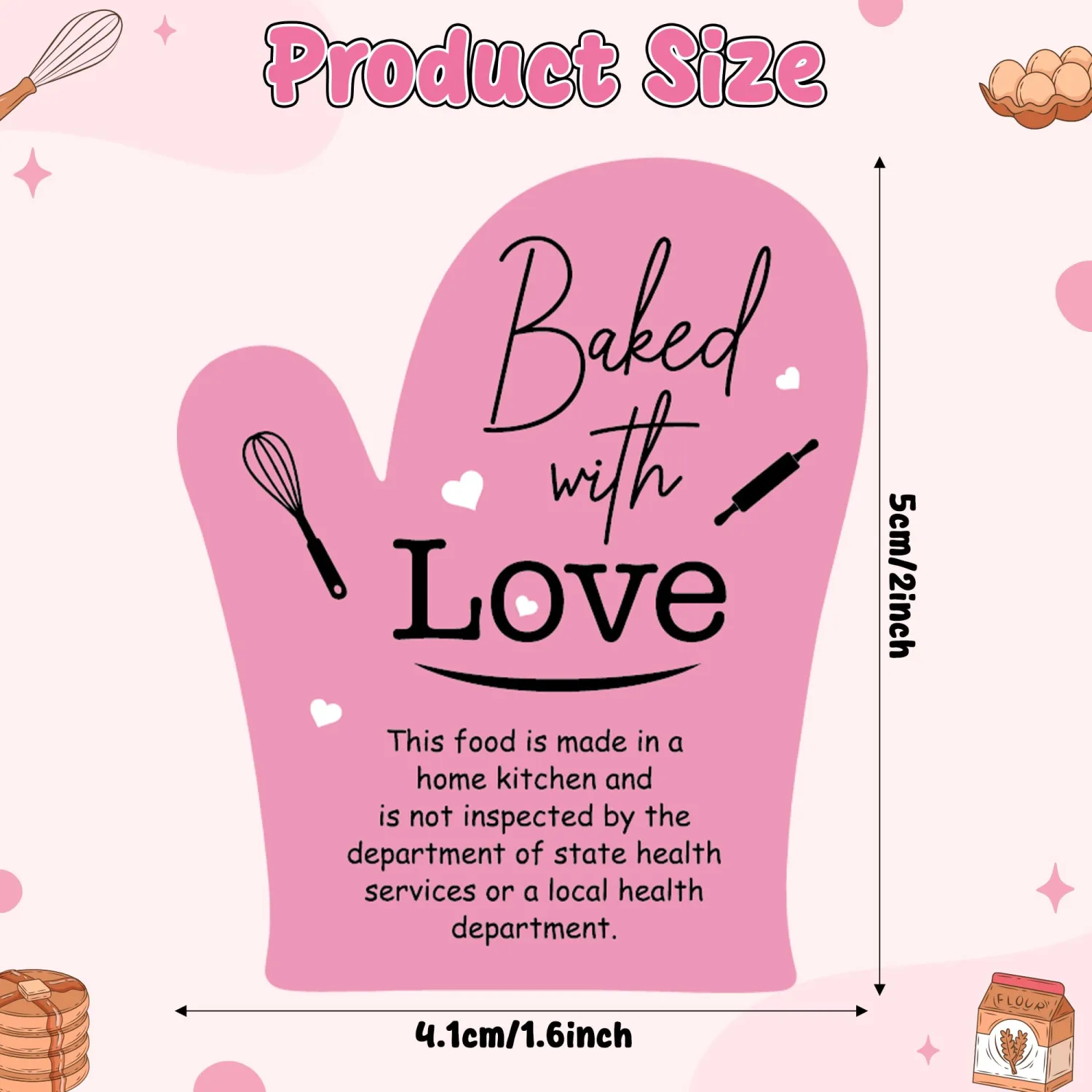 500 Count Baked with Love Cottage Food Law Labels Stickers (Pink) | Adhesive Oven Mitt Shaped Decal Roll, Made in A Home Kitchen, Inspection Statement Thermal Printed, for Baked Food Packaging