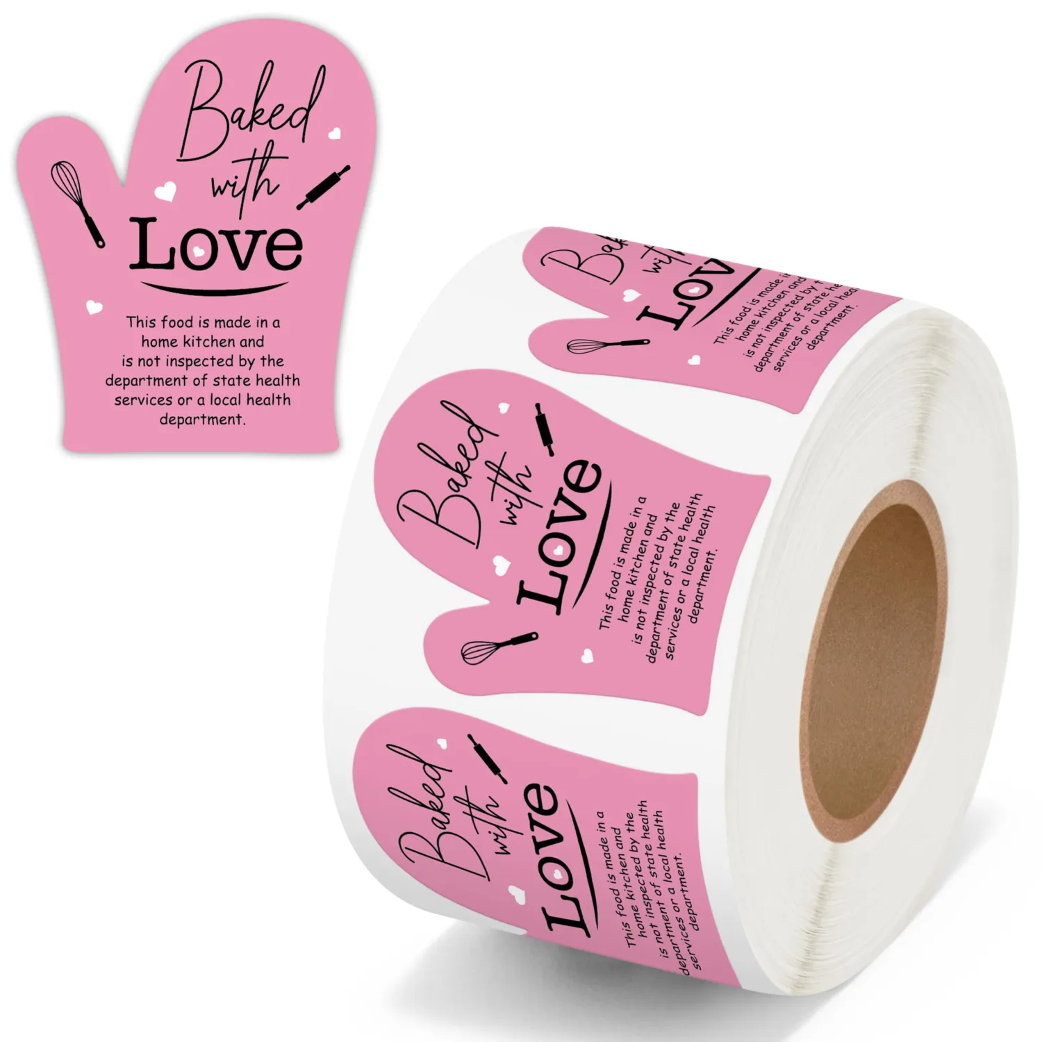 500 Count Baked with Love Cottage Food Law Labels Stickers (Pink) | Adhesive Oven Mitt Shaped Decal Roll, Made in A Home Kitchen, Inspection Statement Thermal Printed, for Baked Food Packaging