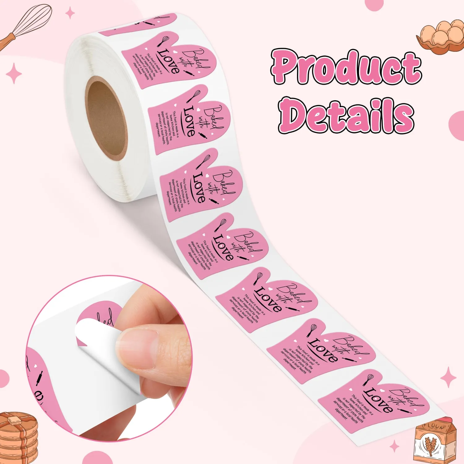 500 Count Baked with Love Cottage Food Law Labels Stickers (Pink) | Adhesive Oven Mitt Shaped Decal Roll, Made in A Home Kitchen, Inspection Statement Thermal Printed, for Baked Food Packaging