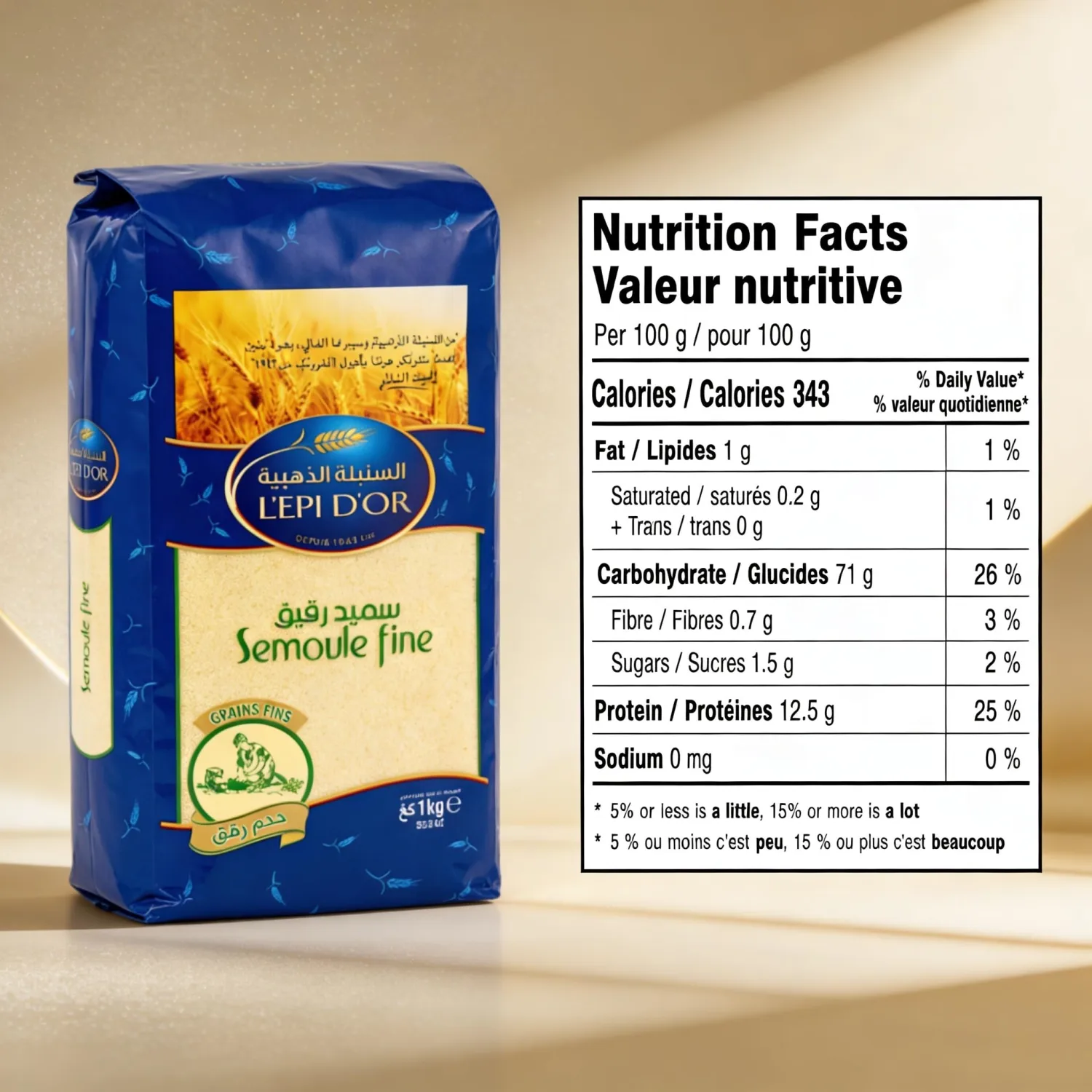 LEPI D'OR Fine Semolina 2kg (4.41 lb) - Premium Enriched Durum Wheat Semolina for Cooking and Baking, Smooth Texture for Bread, Pizza, Pasta and Traditional Recipes, Halal
