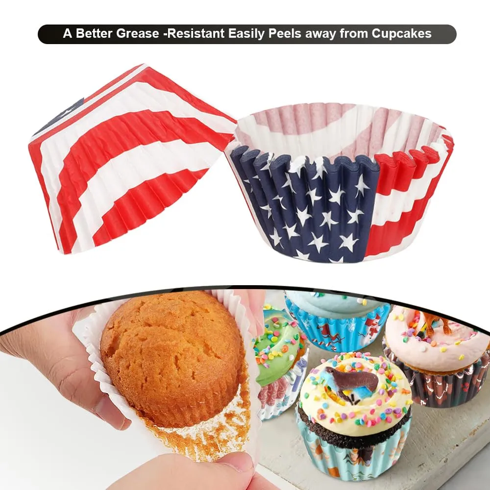 July 4th Cupcake Liners Patriotic Standard Muffin Liners Cake Decorations Toppers American flag Cups Holiday Baking Candy Pan Red White and Blue Cupcake Wrappers Paper Wraps 100 Count