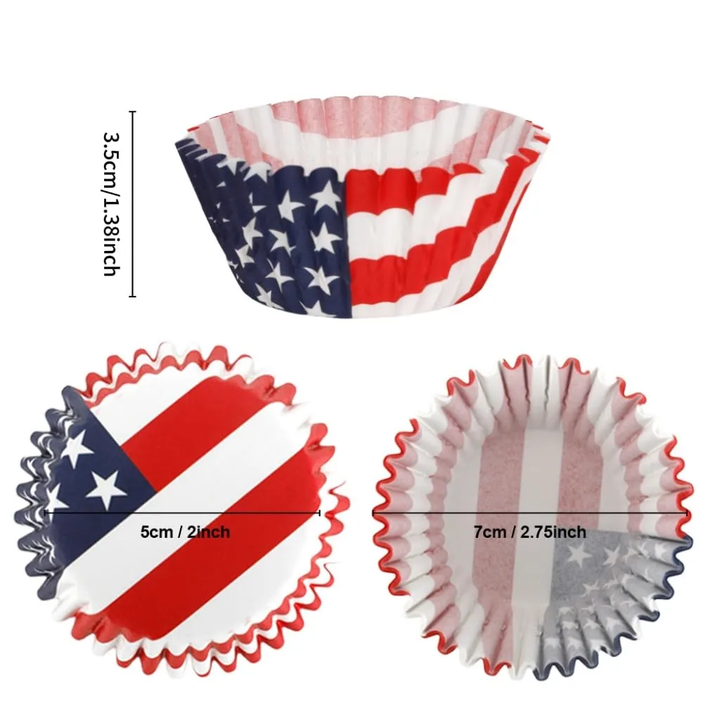 July 4th Cupcake Liners Patriotic Standard Muffin Liners Cake Decorations Toppers American flag Cups Holiday Baking Candy Pan Red White and Blue Cupcake Wrappers Paper Wraps 100 Count