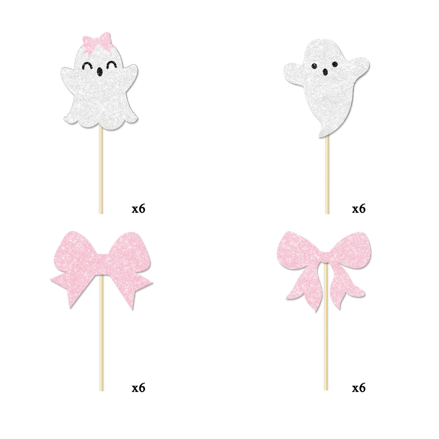 24pcs Pink Ghost Cupcake Toppers and Bow Cupcake Toppers for Halloween Birthday Baby Shower Party Decorations Supplies.