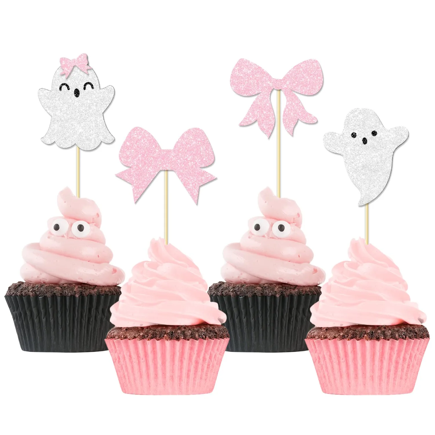 24pcs Pink Ghost Cupcake Toppers and Bow Cupcake Toppers for Halloween Birthday Baby Shower Party Decorations Supplies.