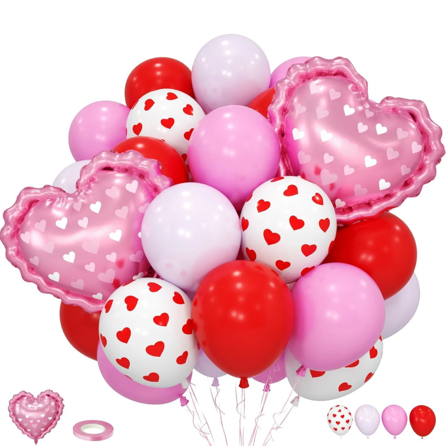 Red and Pink Balloons, Mother's Day Balloons, Light Pink Red White Heart Print Balloons with Heart Foil Balloon for Mother's Day Party Engagement Anniversary Wedding Valentines Day Decorations