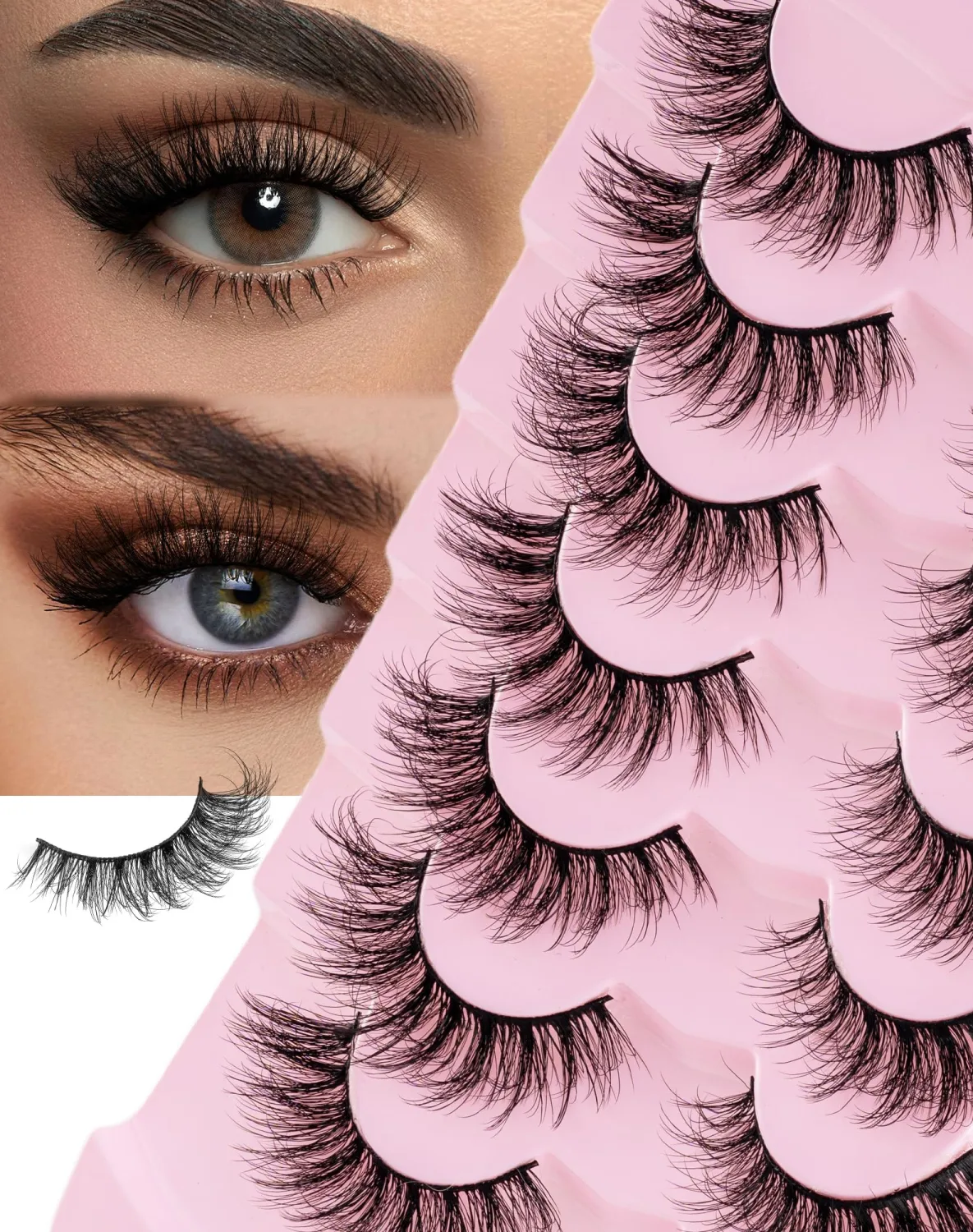 Mink Lashes Fluffy Wispy Lashes Natural Look 3D False Eyelashes D Curl Strip Lashe Long Cat Eye Short Fake Eyelash Pack 7 Pairs 16MM by Lulukerme A01
