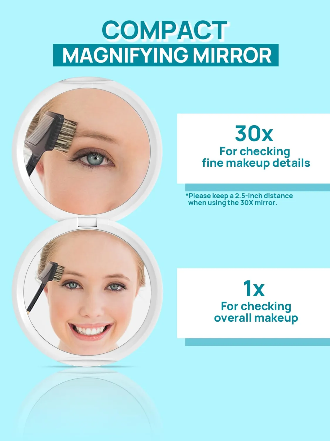 Macaki 1x/30x Compact Magnifying Mirror for Travel and Makeup, 3 in, White | Small Mirror for Purse, Portable Makeup Mirror, Dual-Sided Flip, Smooth Plastic & Glass,Purse Essentials