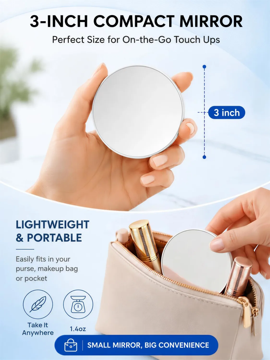 Macaki 40x Magnetic Magnifying Mirror for Fine Makeup and Travel,3 in | powerful magnet, 10x-50x magnifications, self-adhesive patch, mounts on metal & smooth, palm size, white