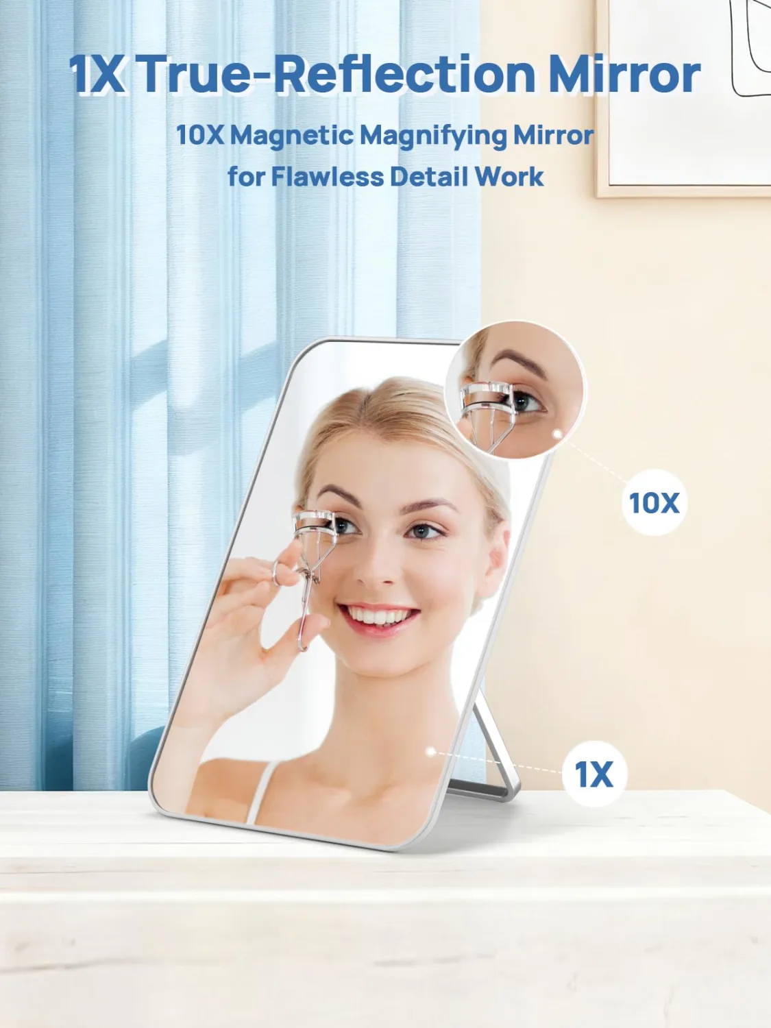 OMIRO 8 x 5 in Desk Makeup Mirror with 10X Magnifying Mirror, White | Adjustable Bracket and Hanging Hole for Shaving and Travel, Small 10X Magnifier with Strong Magnet, for Men and Women