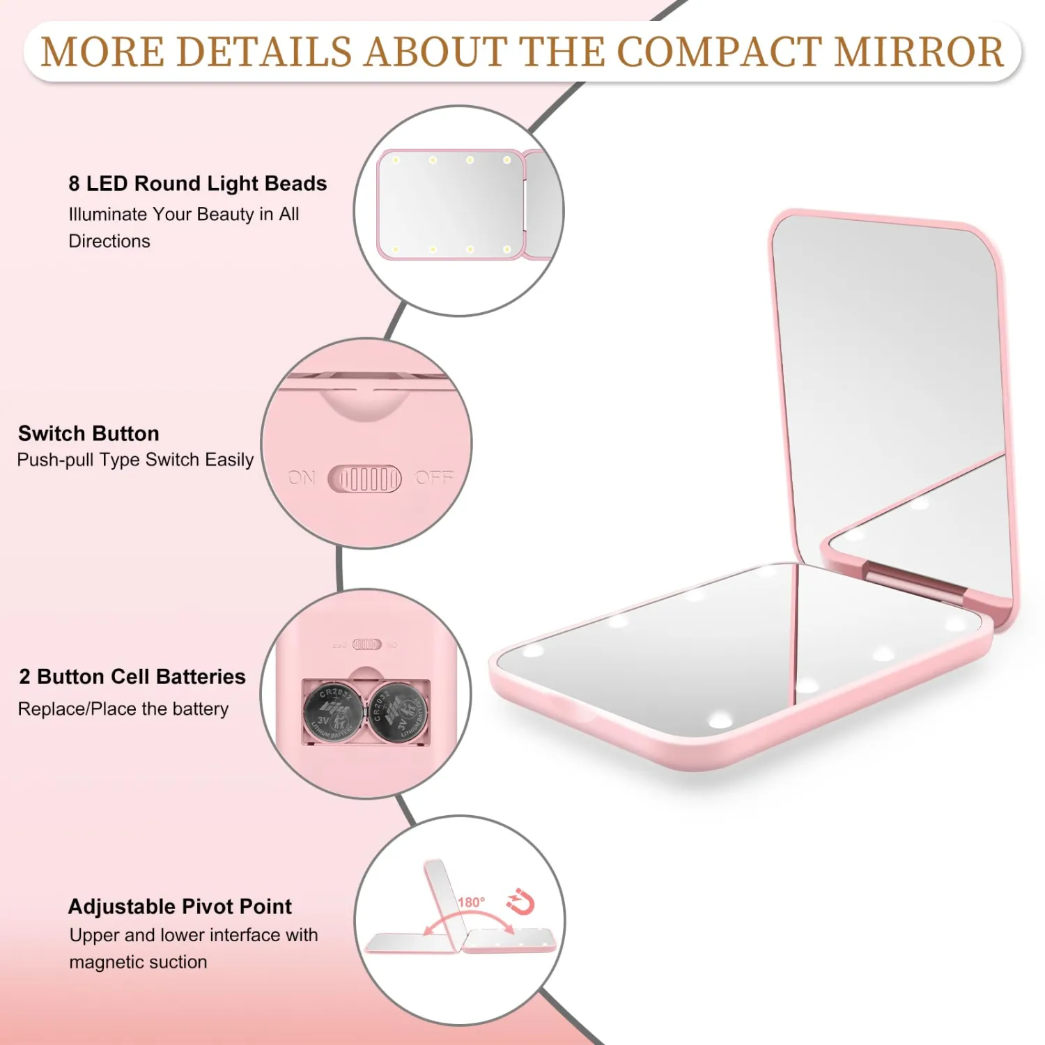 Compact Mirror with Light, 1X/3X Magnification LED Pocket Mirror for Women | Portable, Travel, Purse, Pocket, Gift, Pink, mini, small, essentials, led, fiberglass, batteries, rectangular