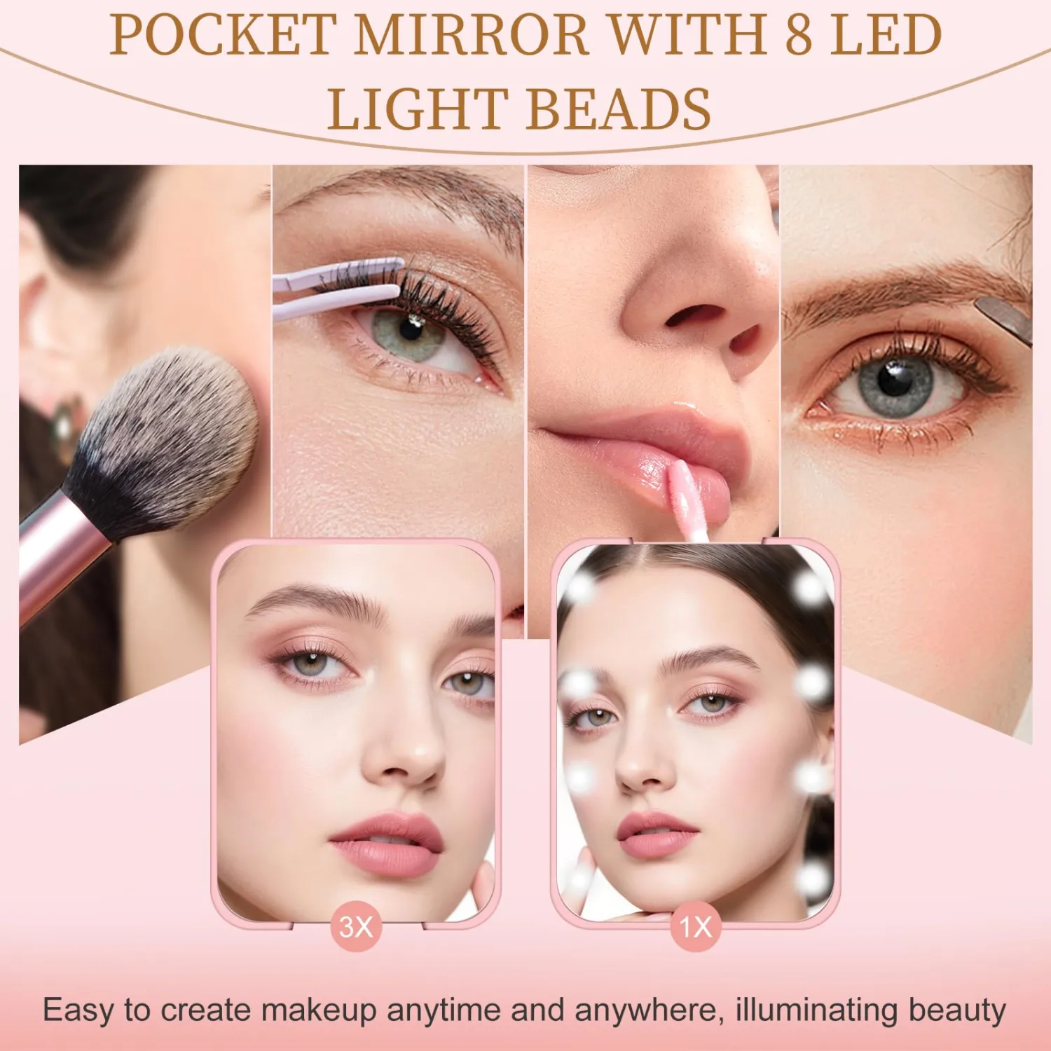 Compact Mirror with Light, 1X/3X Magnification LED Pocket Mirror for Women | Portable, Travel, Purse, Pocket, Gift, Pink, mini, small, essentials, led, fiberglass, batteries, rectangular