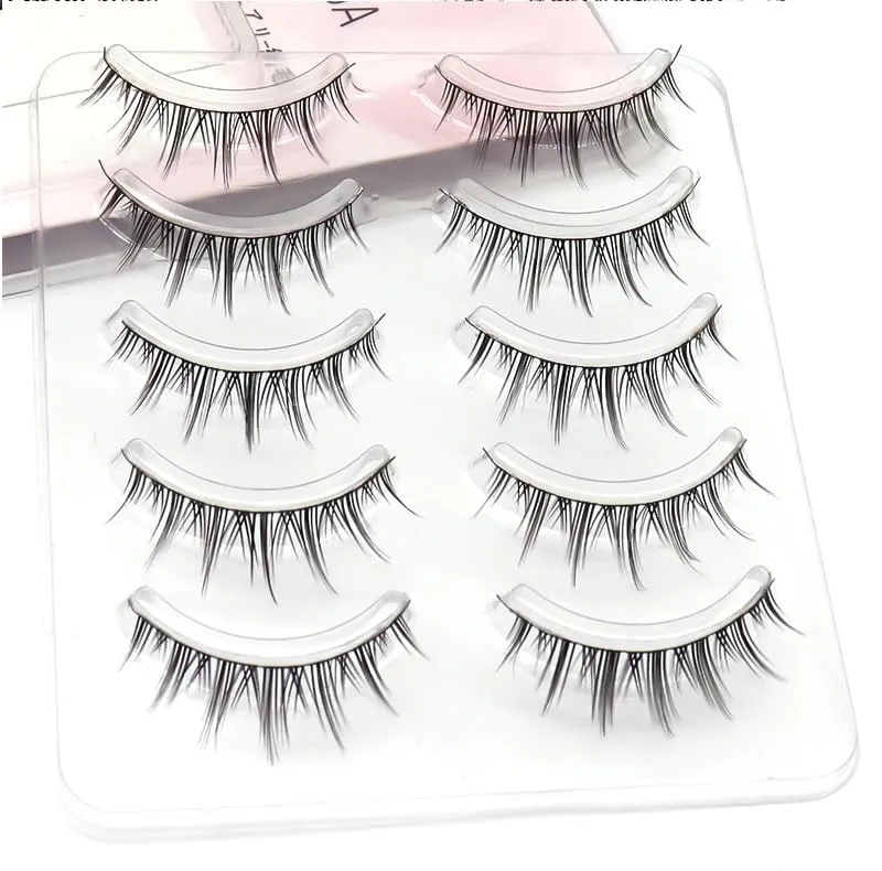 Fake Eyelashes False Eye Lashes Daily Strip Cross Black Thin Band LASGOOS 7-10mm Comic Manga Natural Curl Lashes Cosplay A Shape Lash for Wedding Party Work Natural Look Eye Makeup 5 Pairs H100