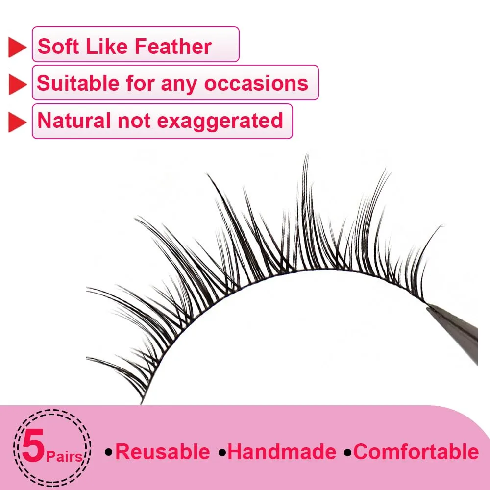 Fake Eyelashes False Eye Lashes Daily Strip Cross Black Thin Band LASGOOS 7-10mm Comic Manga Natural Curl Lashes Cosplay A Shape Lash for Wedding Party Work Natural Look Eye Makeup 5 Pairs H100