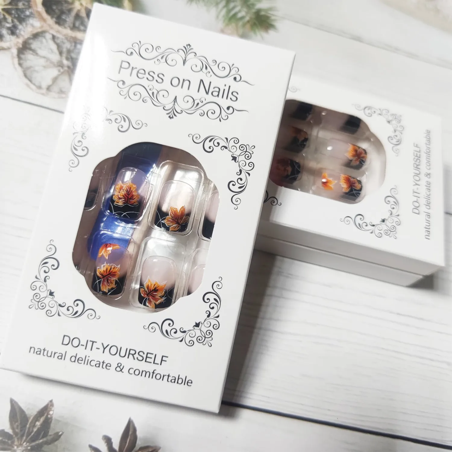 Black French Tips Press on Nails Short Square Thanksgiving False Nails 24Pcs Glossy White Curve Line Acrylic Fake Nails Gel Glue on for Manicure Leaves Stick on for Coquette Women Girls