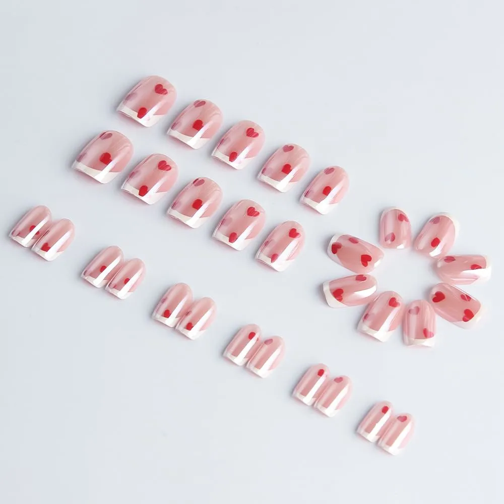 French Tip Press on Nails Short Square Fake Nails Red Heart False Nails with Glossy Metal Chrome Acrylic Nails Shiny Valentine's Glue on Nail for Women Manicure Decoration 30Pcs