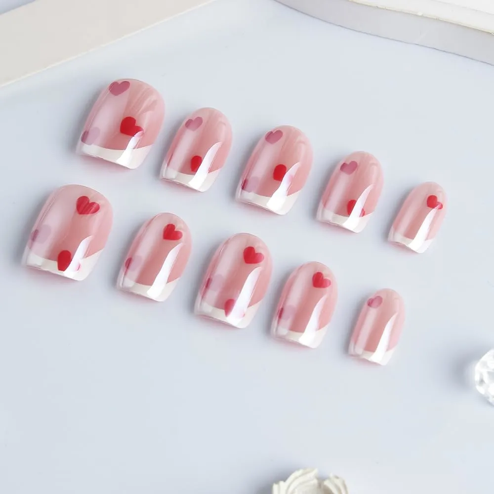French Tip Press on Nails Short Square Fake Nails Red Heart False Nails with Glossy Metal Chrome Acrylic Nails Shiny Valentine's Glue on Nail for Women Manicure Decoration 30Pcs
